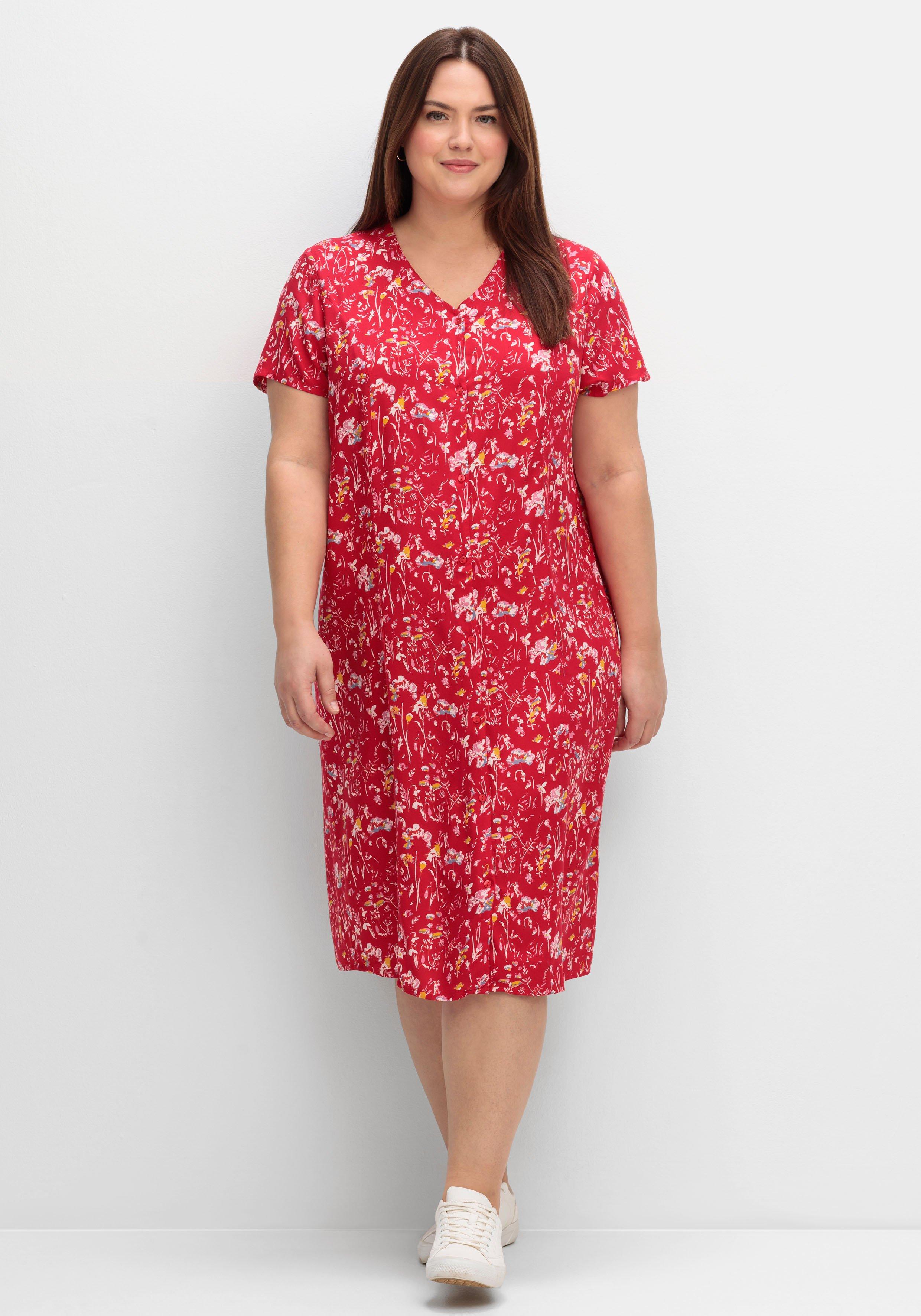 sheego Kleid mit Knopfleiste und Blumendruck - rot gemustert sheego