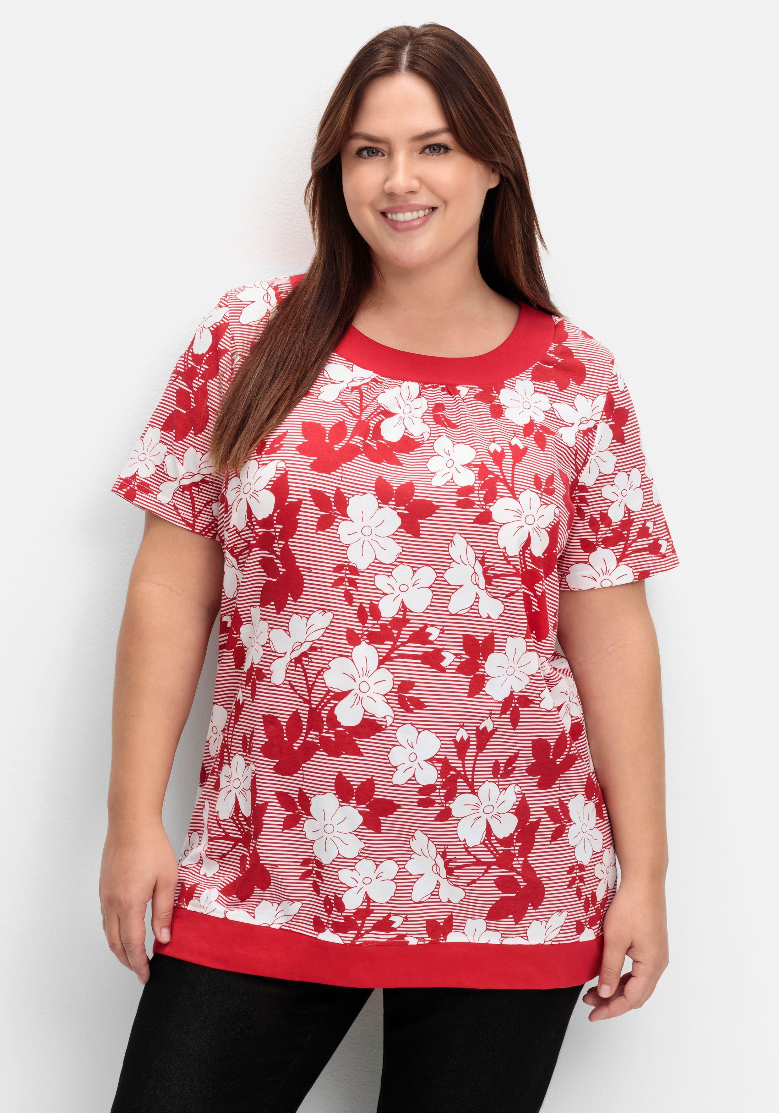 sheego Shirt in leichter A-Linie, mit Blumendruck und Streifen - rot gemustert sheego