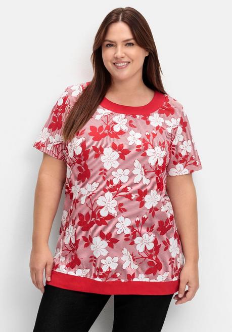 Shirt in leichter A-Linie, mit Blumendruck und Streifen - rot gemustert - 40