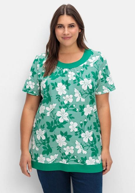 Shirt in leichter A-Linie, mit Blumendruck und Streifen - tiefgrün gemustert - 40