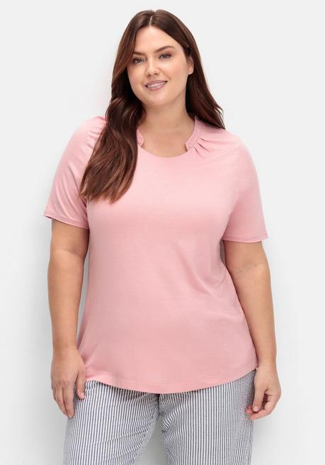 Shirt mit Faltenpartie am Stehkragen - rosé - 40