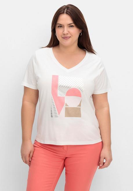 T-Shirt mit Grafikprint und V-Ausschnitt - ecru bedruckt - 40