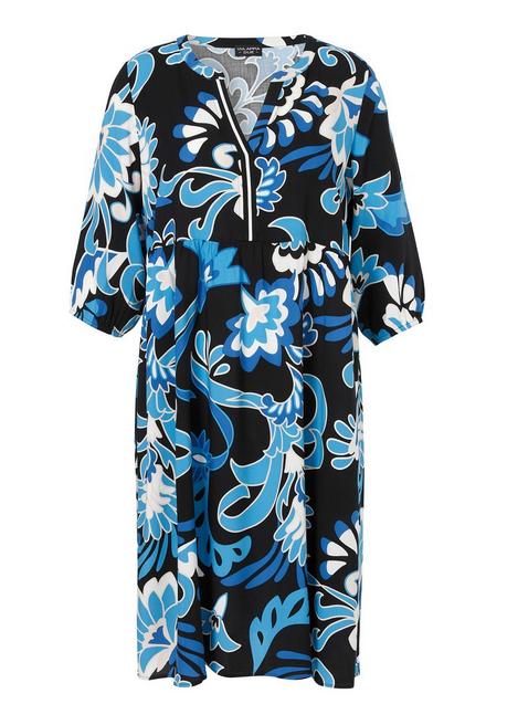 Kleid in A-Linie, mit Blumenprint und V-Ausschnitt - blau gemustert - 42