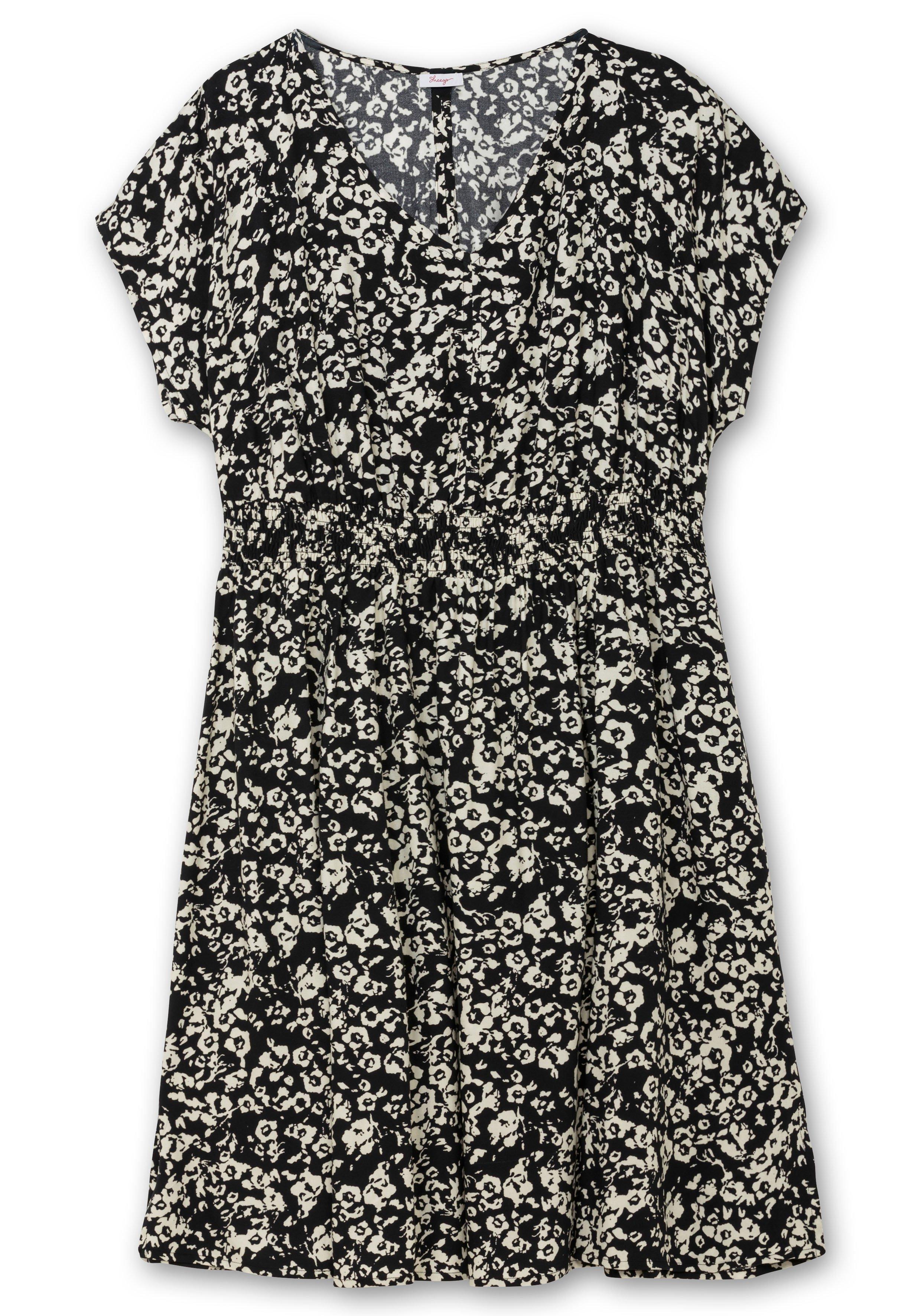 Thumbnail - Sheego Midikleid mit Smokbund und weitem Rock, schwarz bedruckt, Gr.46