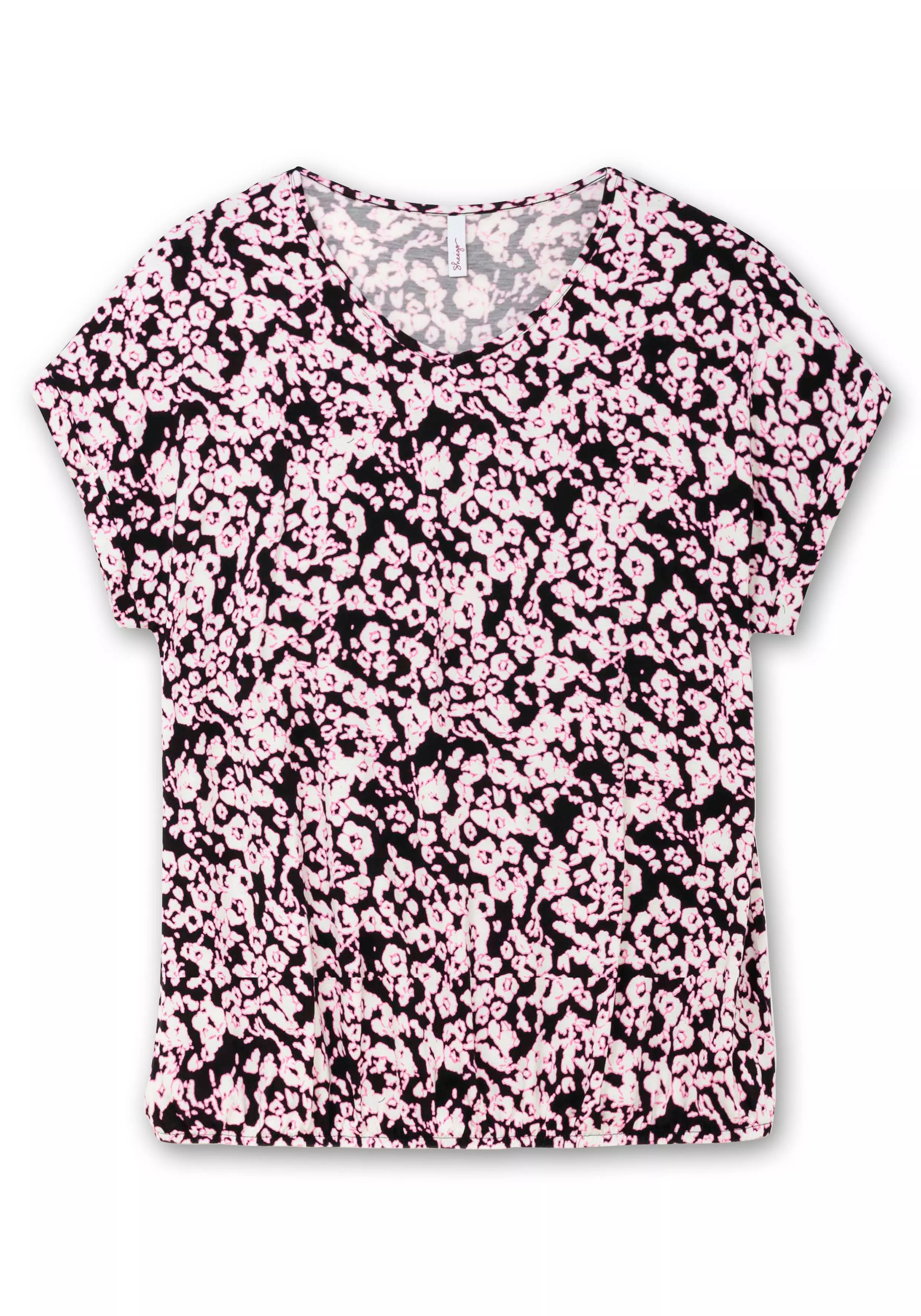 Shirt mit Blumendruck und Saum-Gummizug schwarz-champager gemustert