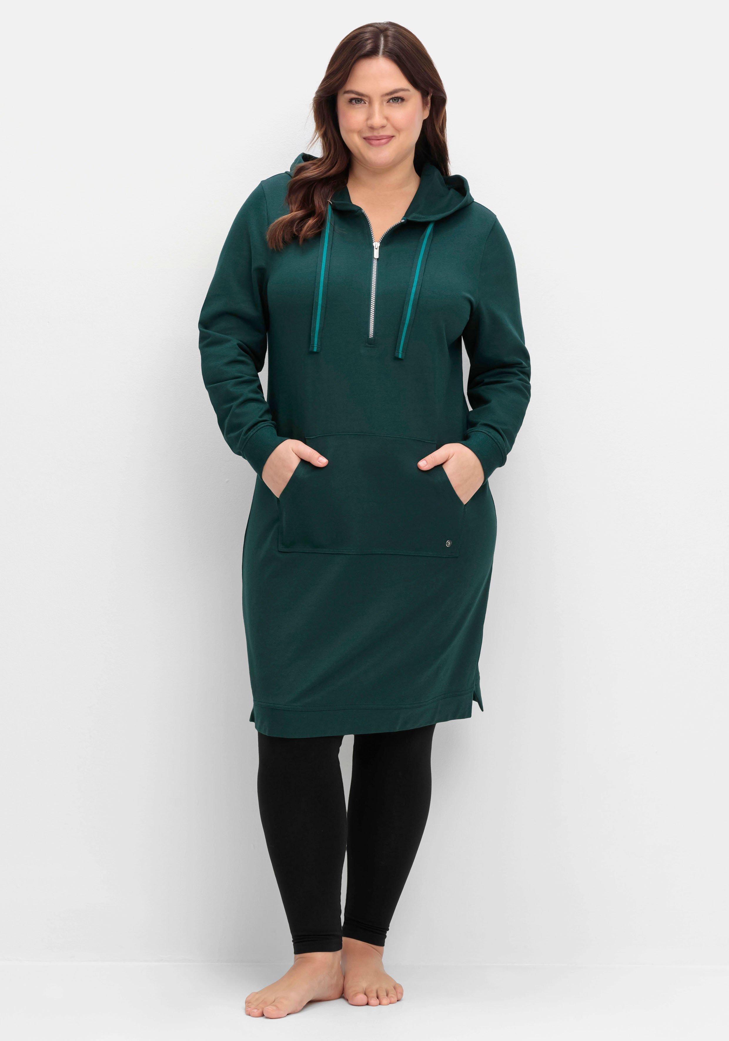 sheego Kniefreies Kapuzensweatkleid mit Kängurutasche - tiefgrün sheego