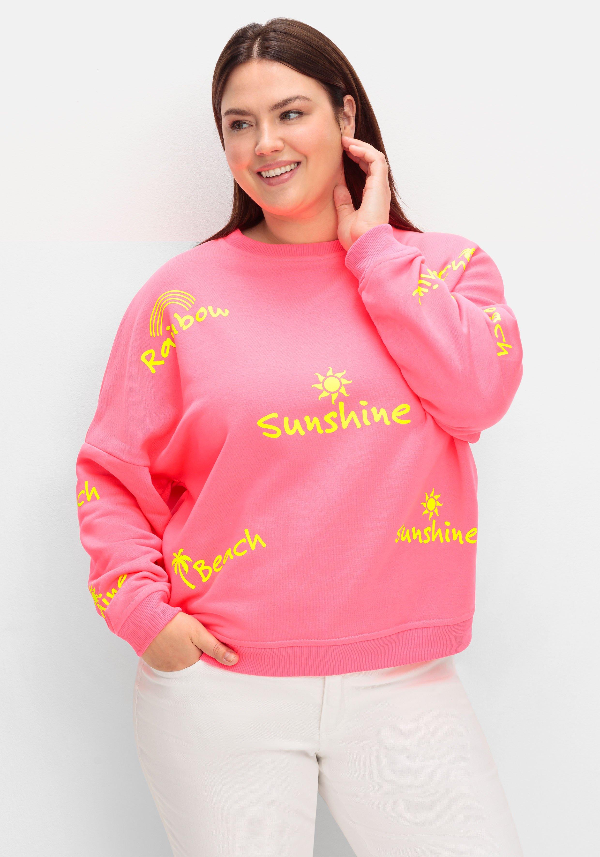 sheego loves miss goodlife Sweatshirt mit neonfarbenen Wordingprints - pink gemustert sheego