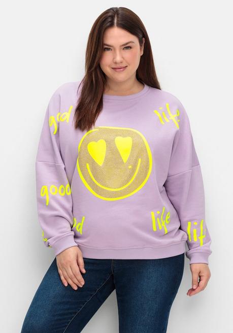 Sweatshirt mit Smiley-Frontdruck und Glitzersteinen - flieder bedruckt - 56
