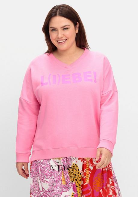 Sweatshirt mit Wordingprint und V-Ausschnitt - rosa bedruckt - 54