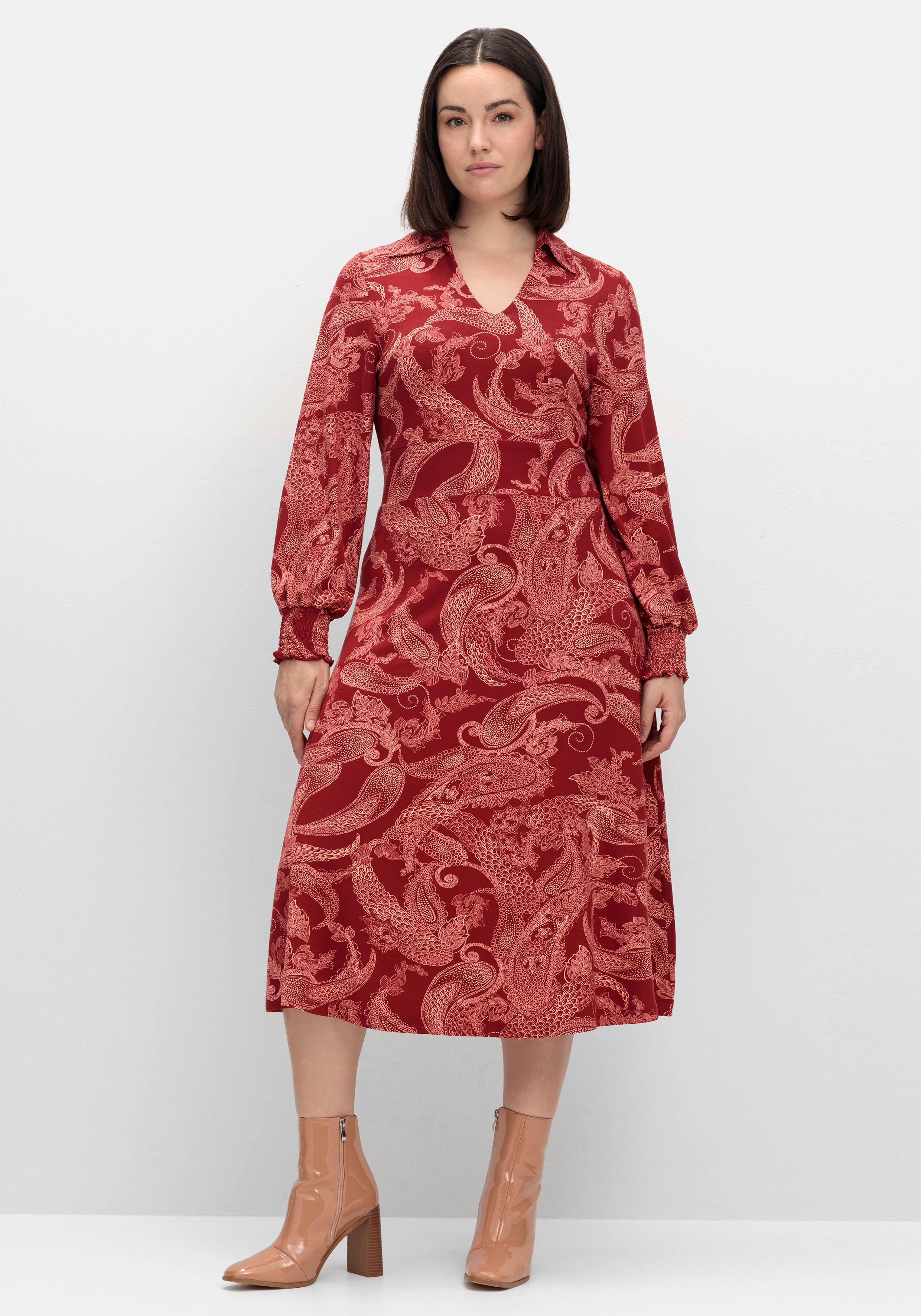 sheego by Joe Browns Jerseykleid mit Paisleydruck und Blusenkragen - weinrot gemustert sheego