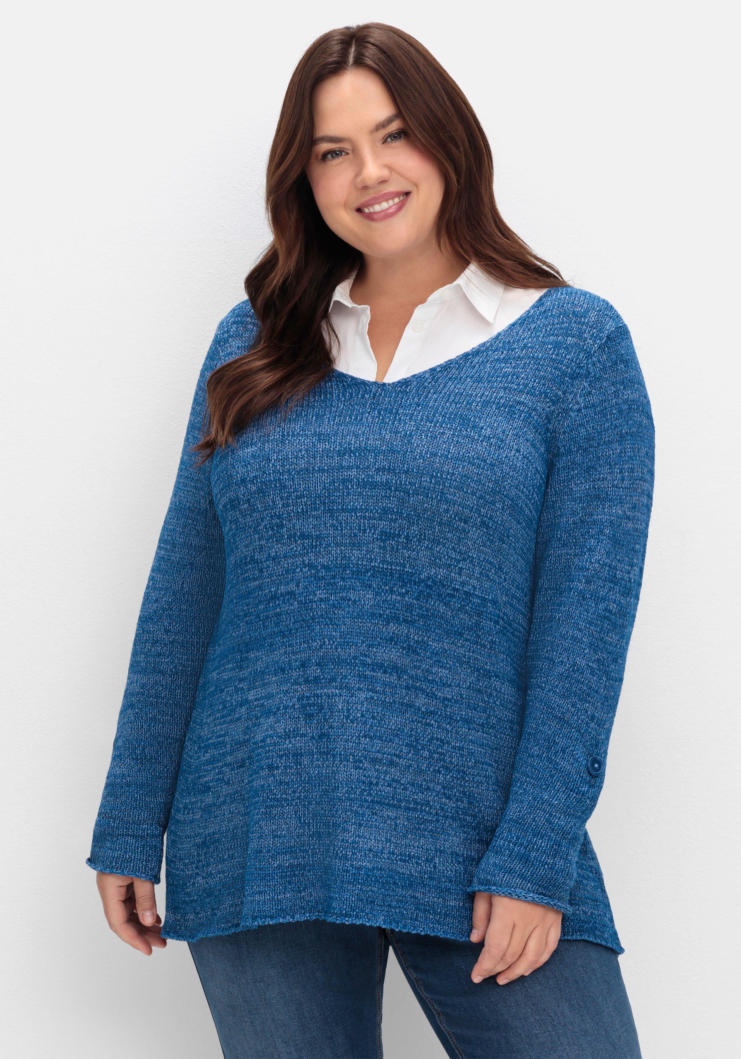 sheego Pullover aus Bändchengarn, mit Krempelärmeln - blaubeere meliert sheego