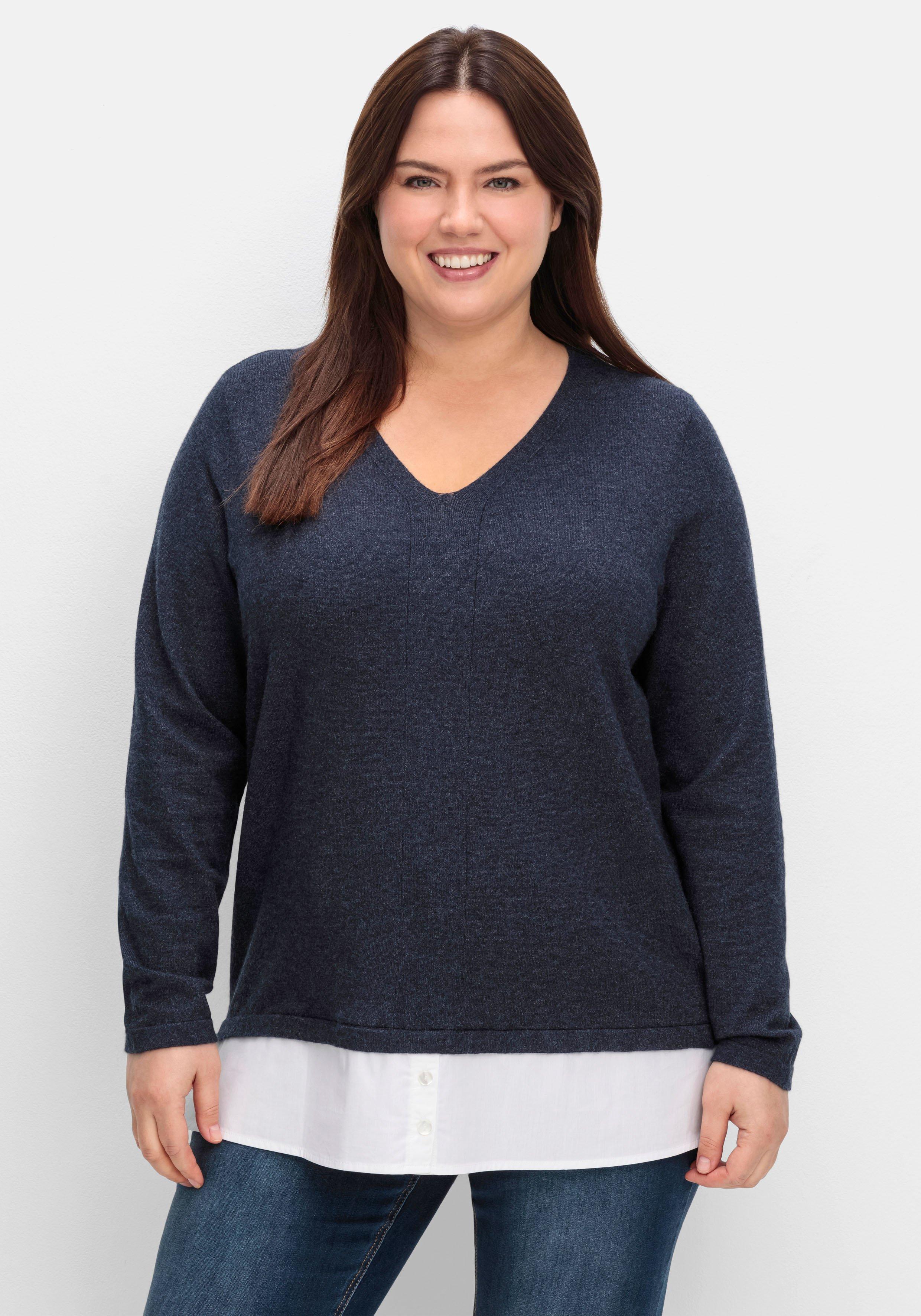 sheego Pullover im Lagenlook, mit Blusenbesatz - tiefblau meliert sheego