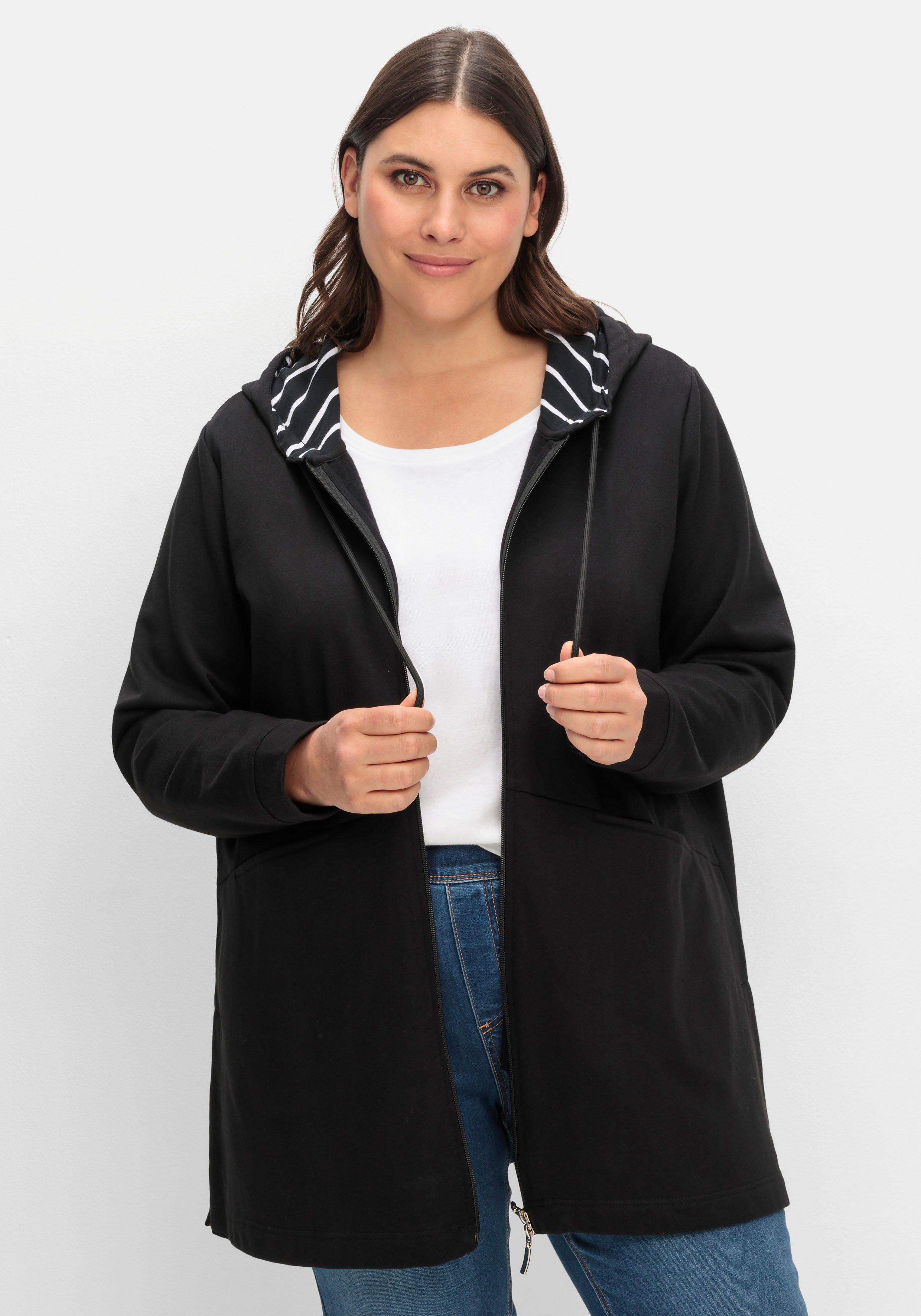 sheego Lange Sweatjacke mit gestreiftem Kapuzenfutter - schwarz sheego