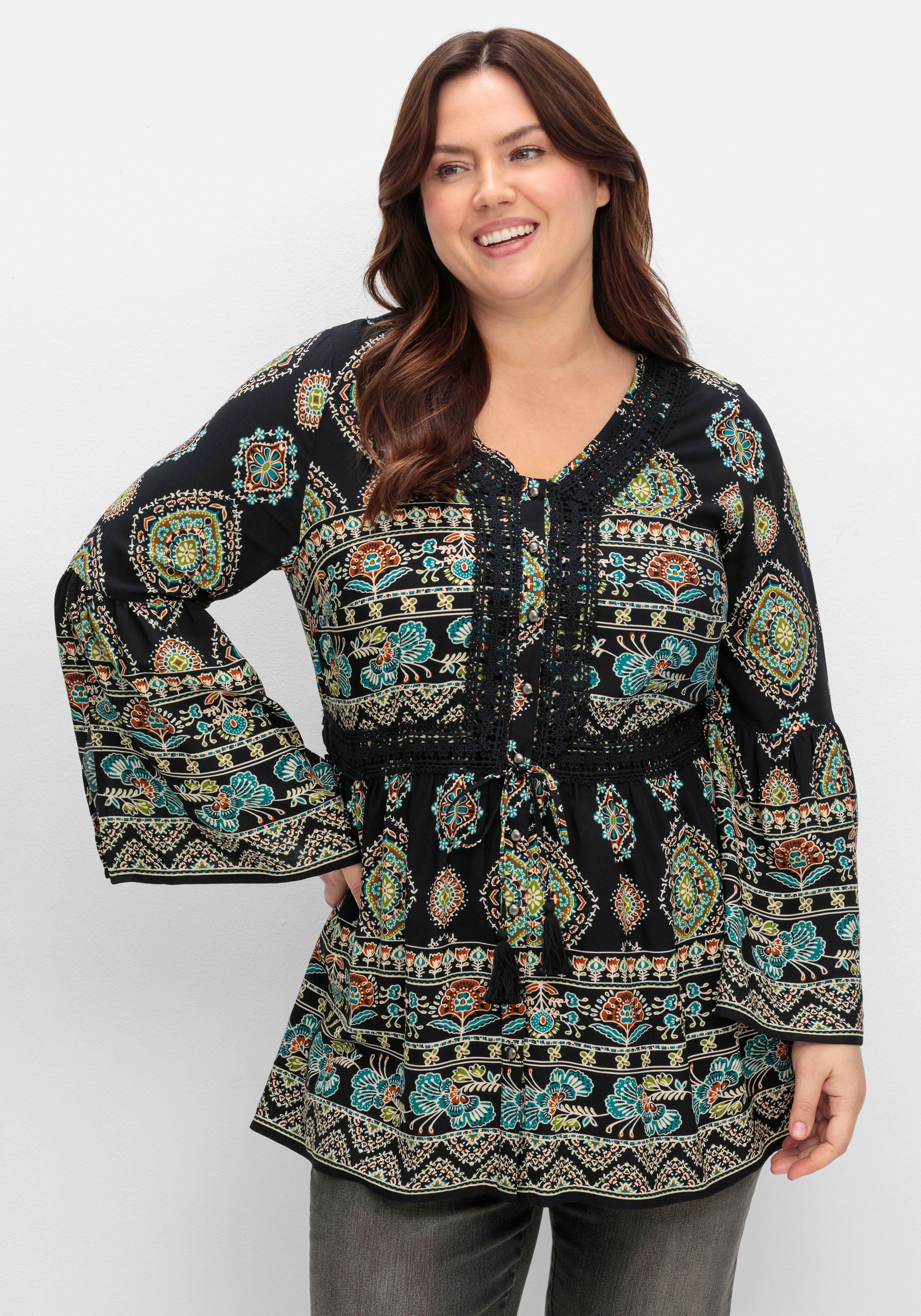 sheego by Joe Browns Longbluse im Ethno-Stil, mit Crochet-Spitze - schwarz gemustert sheego