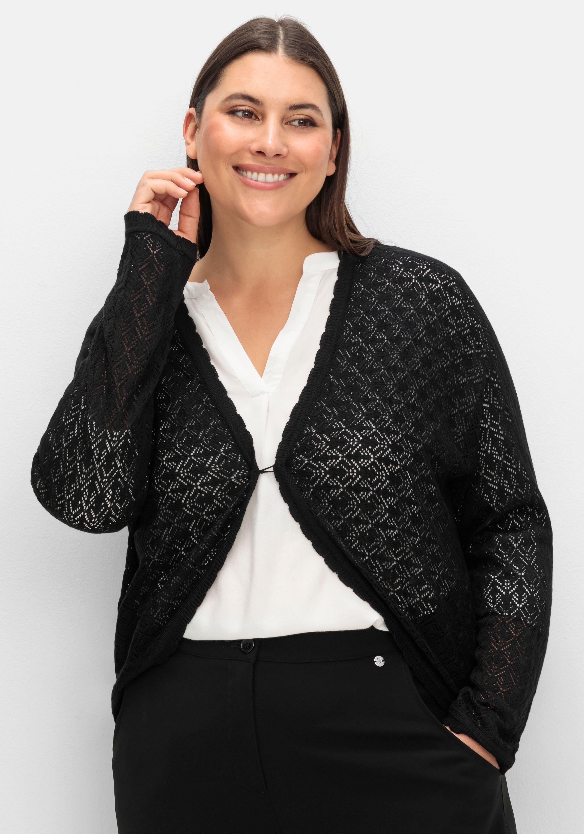 sheego Kurze Ajour-Strickjacke mit Knopfverschluss - schwarz sheego