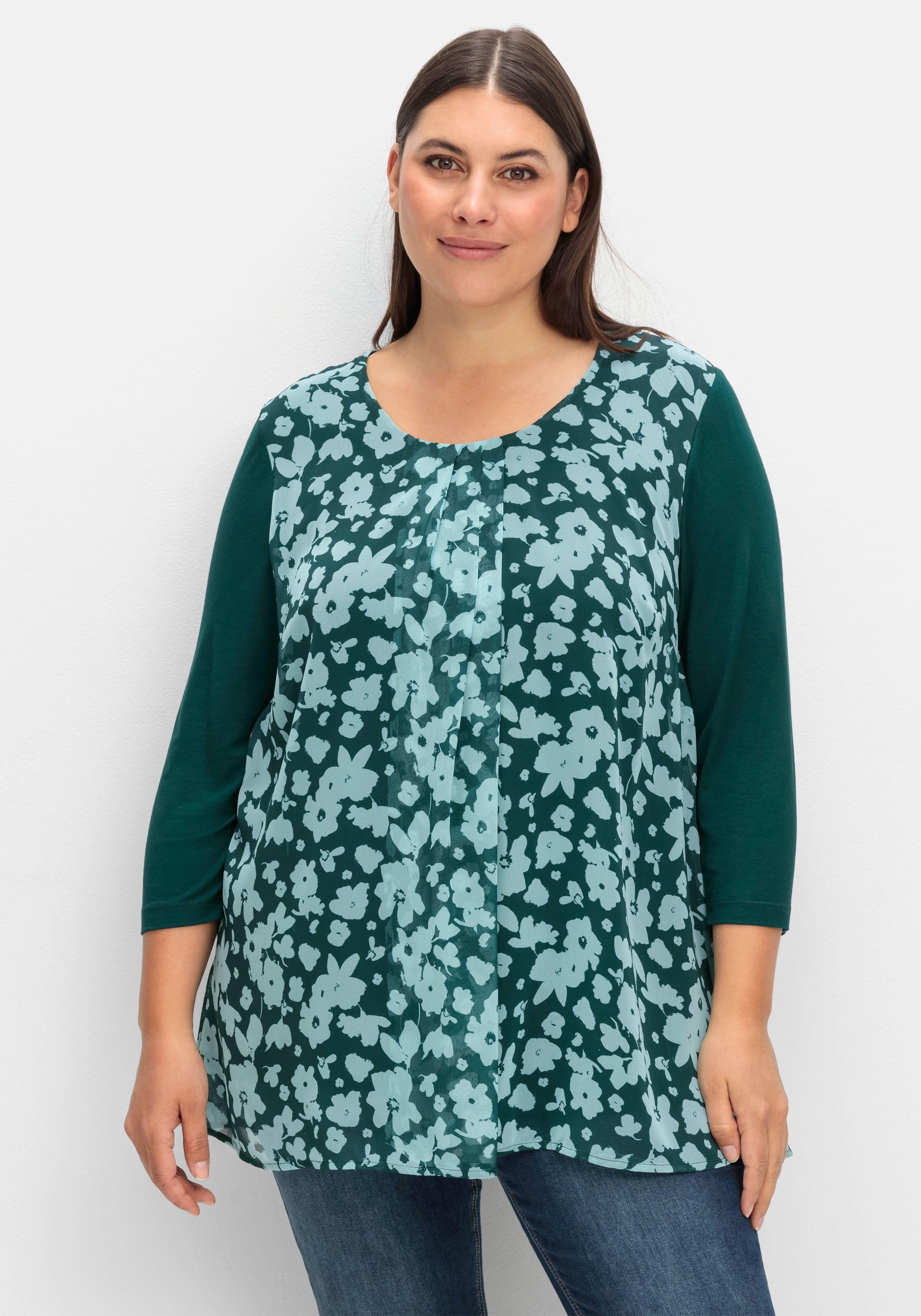 sheego 2-in-1-Blusenshirt mit bedrucktem Chiffon - tiefgrün gemustert sheego