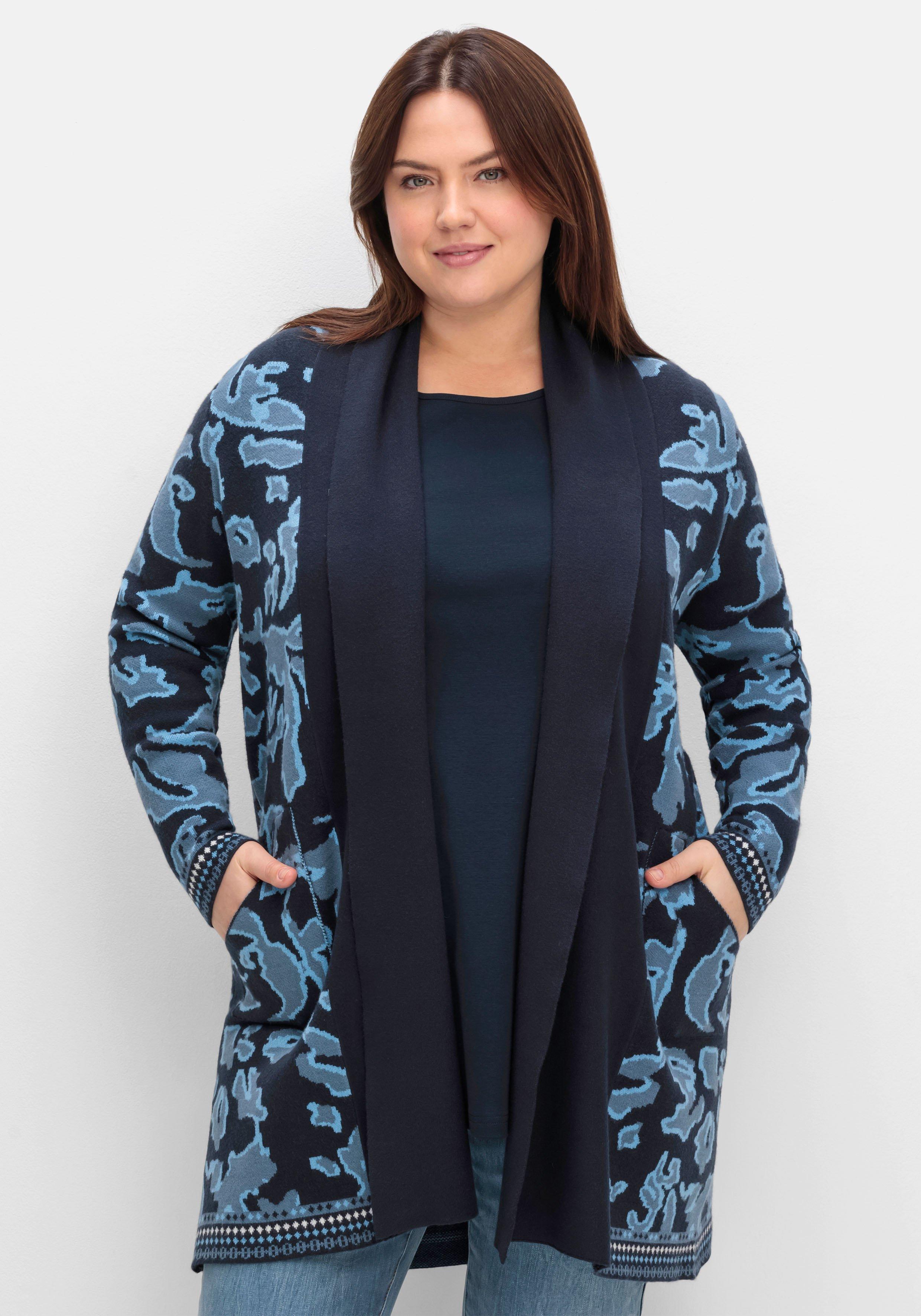 sheego Strickjacke mit Jacquardmuster und Schalkragen - tiefblau gemustert sheego