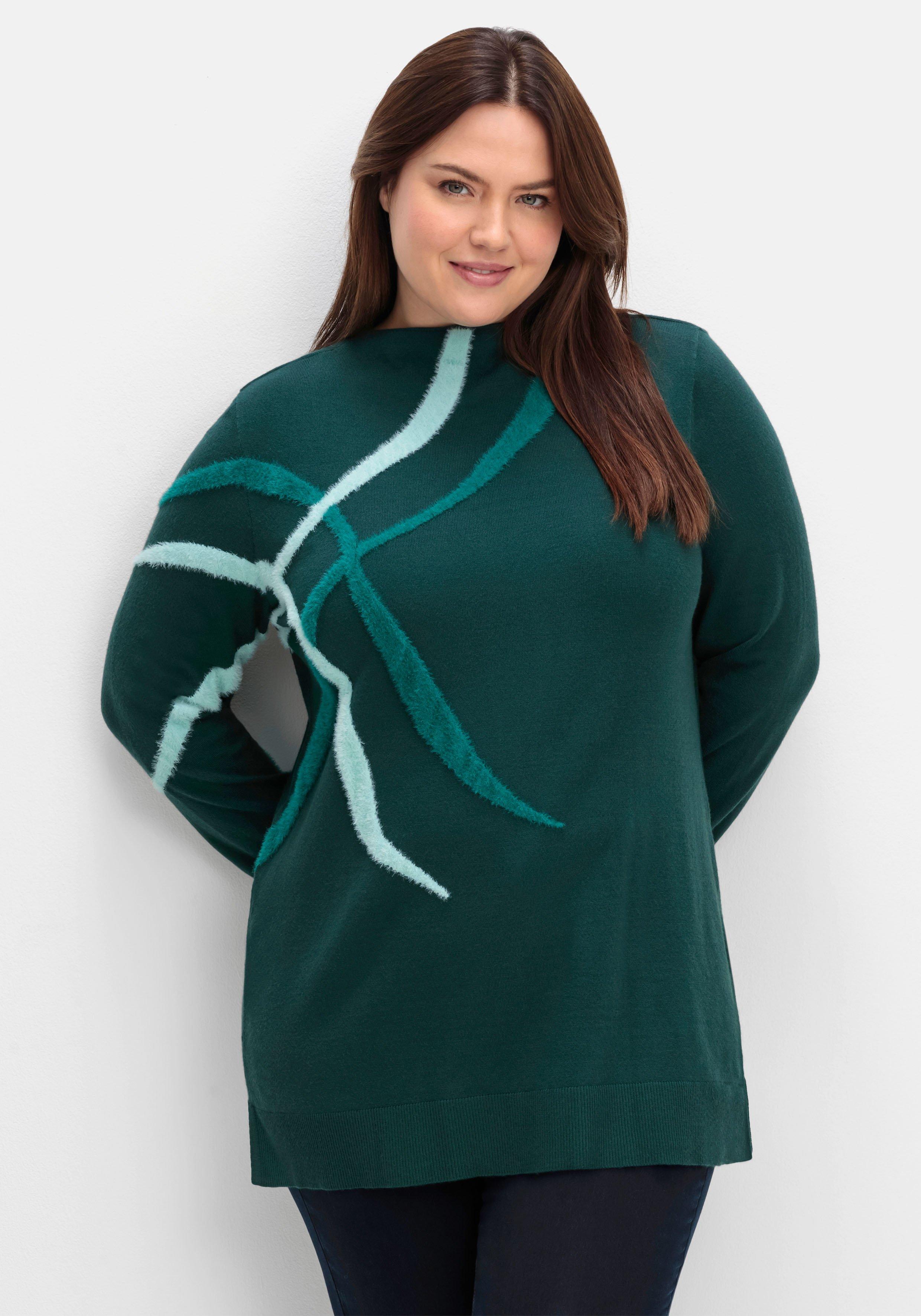 sheego Pullover mit Flauschgarn-Intarsien - tiefgrün gemustert sheego