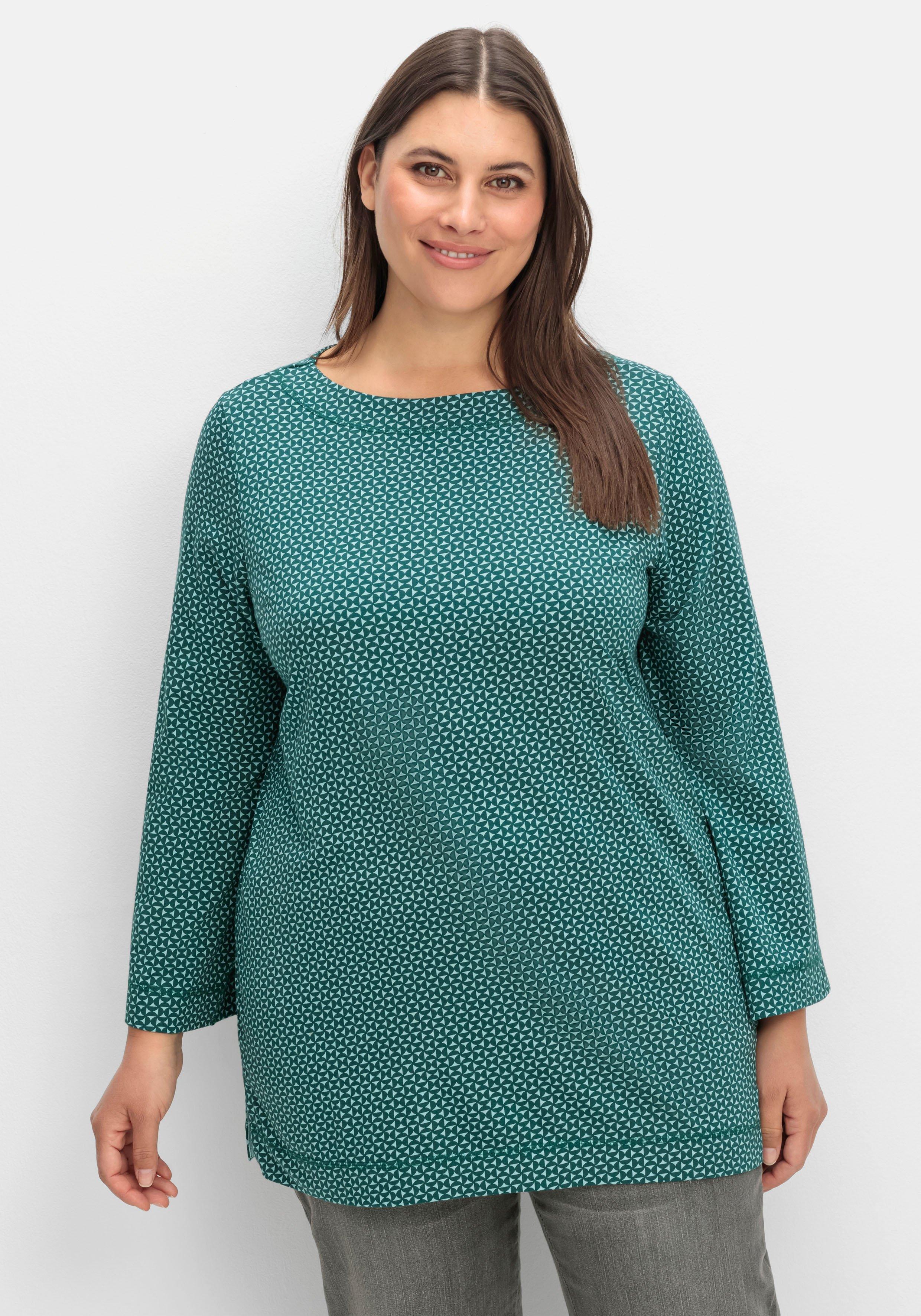 sheego 3/4-Arm-Shirt mit grafischem Minimaldruck - tiefgrün gemustert sheego