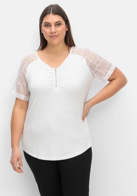 Shirt mit Zipper und Ärmeln aus Spitze - weiß - 40