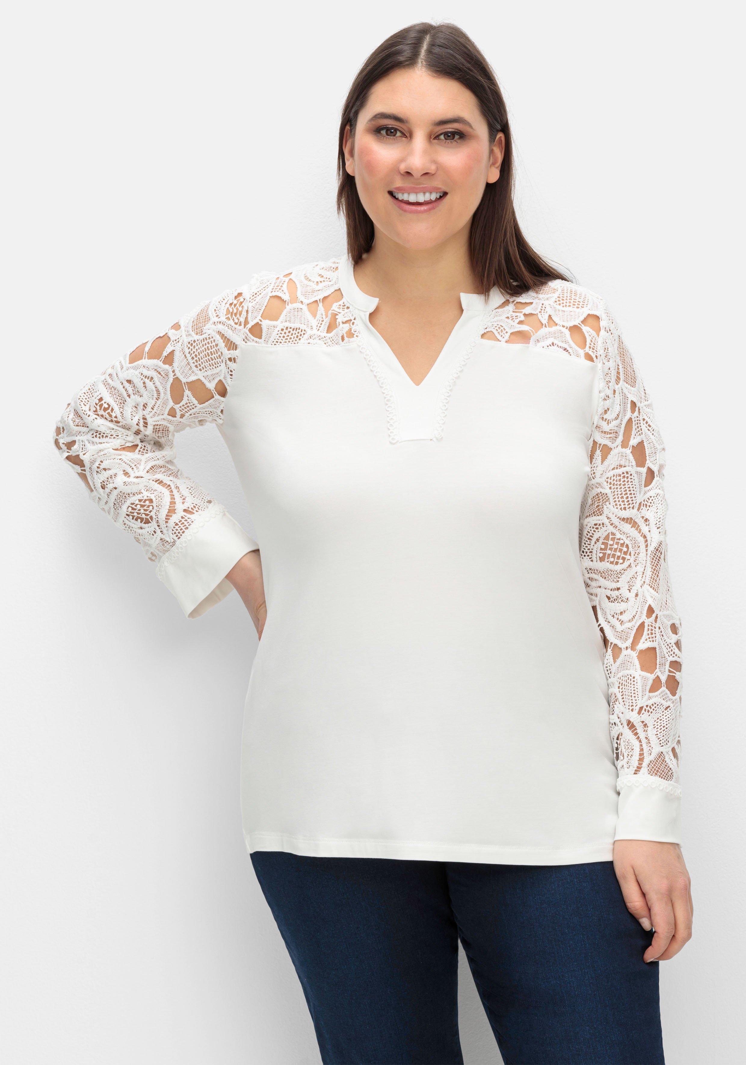 creation L Langarmshirt mit transparenter Spitze - weiß sheego