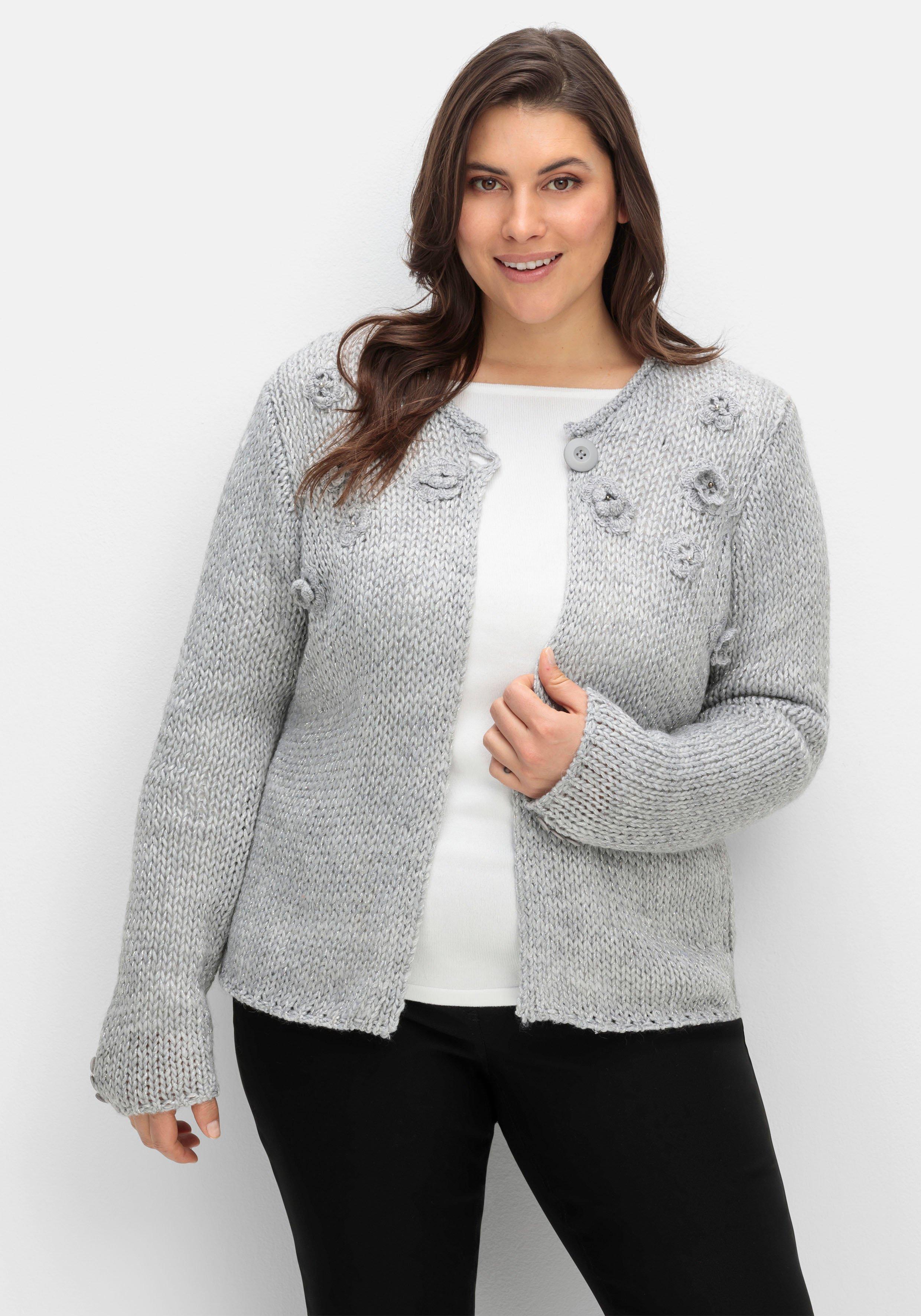 creation L Cardigan mit Häkelblüten und Glitzergarn - grau meliert sheego