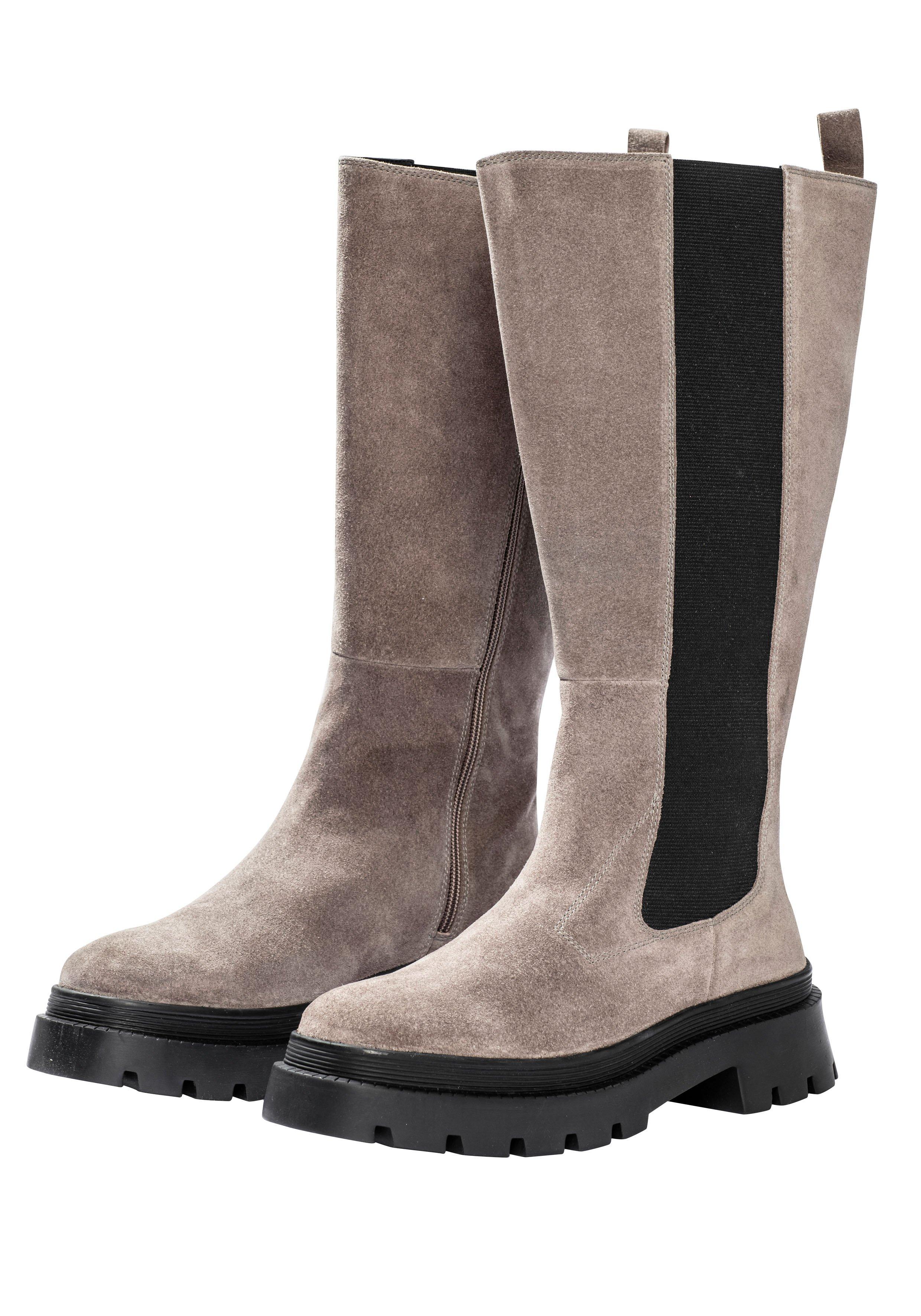 sheego Weitschaft-Lederstiefel mit Stretcheinsatz - taupe sheego