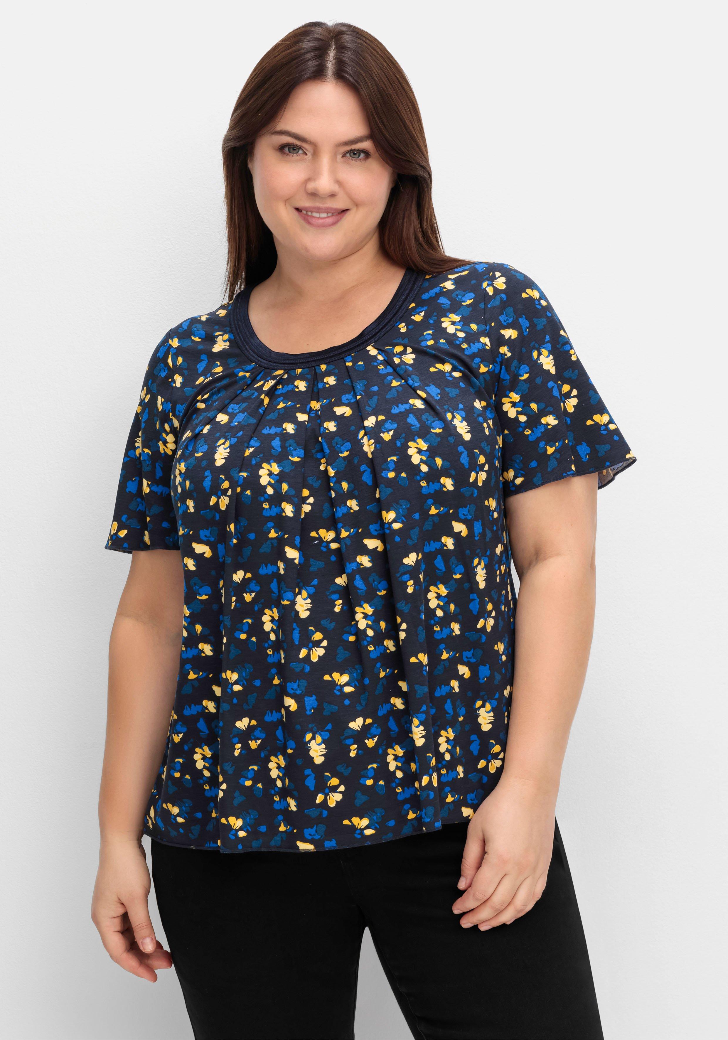 sheego A-Linien-Shirt mit Kellerfalten und Blumendruck - tiefblau gemustert sheego