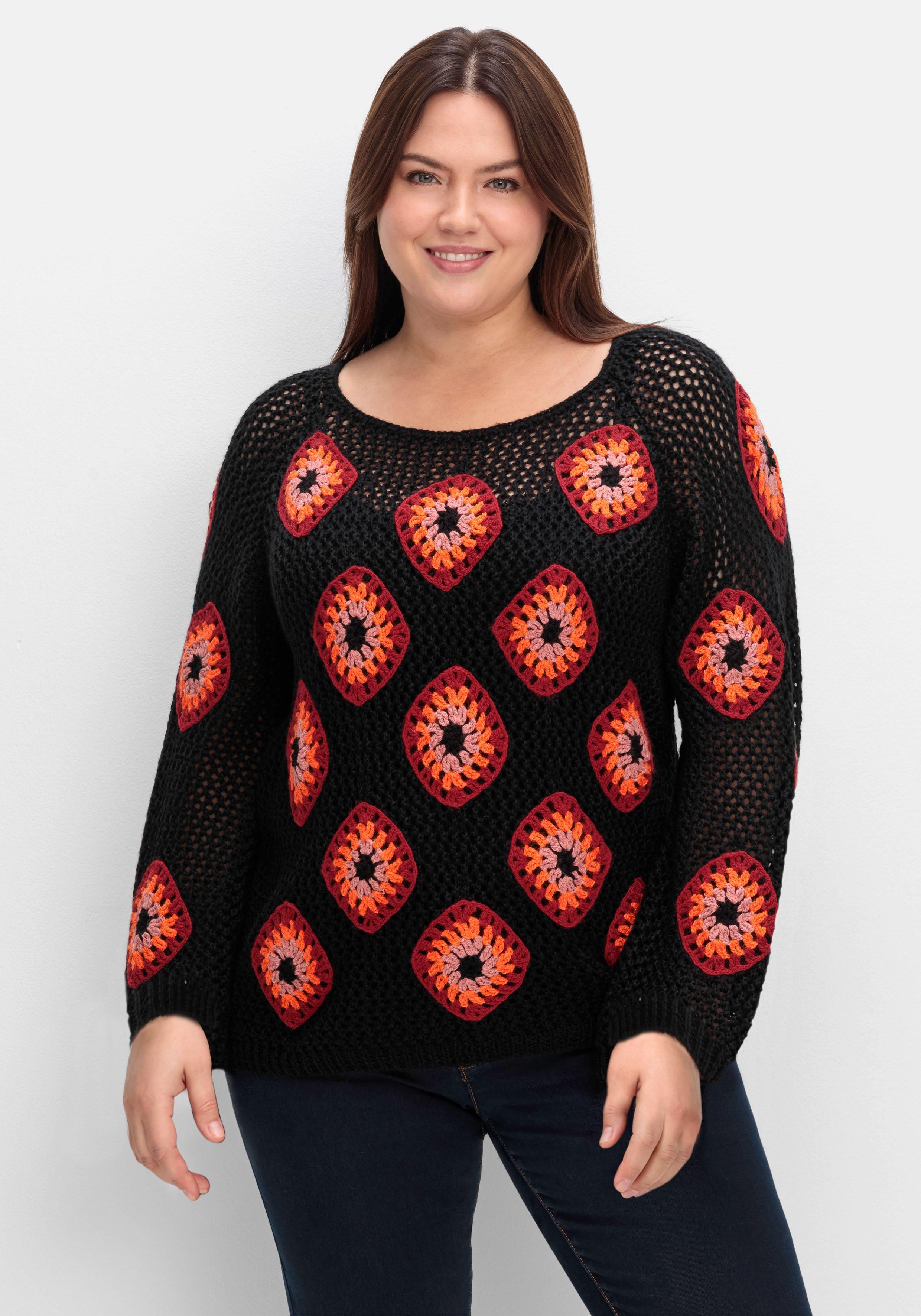 sheego by Joe Browns Häkelpullover mit aufgenähten Rhomben - schwarz gemustert sheego