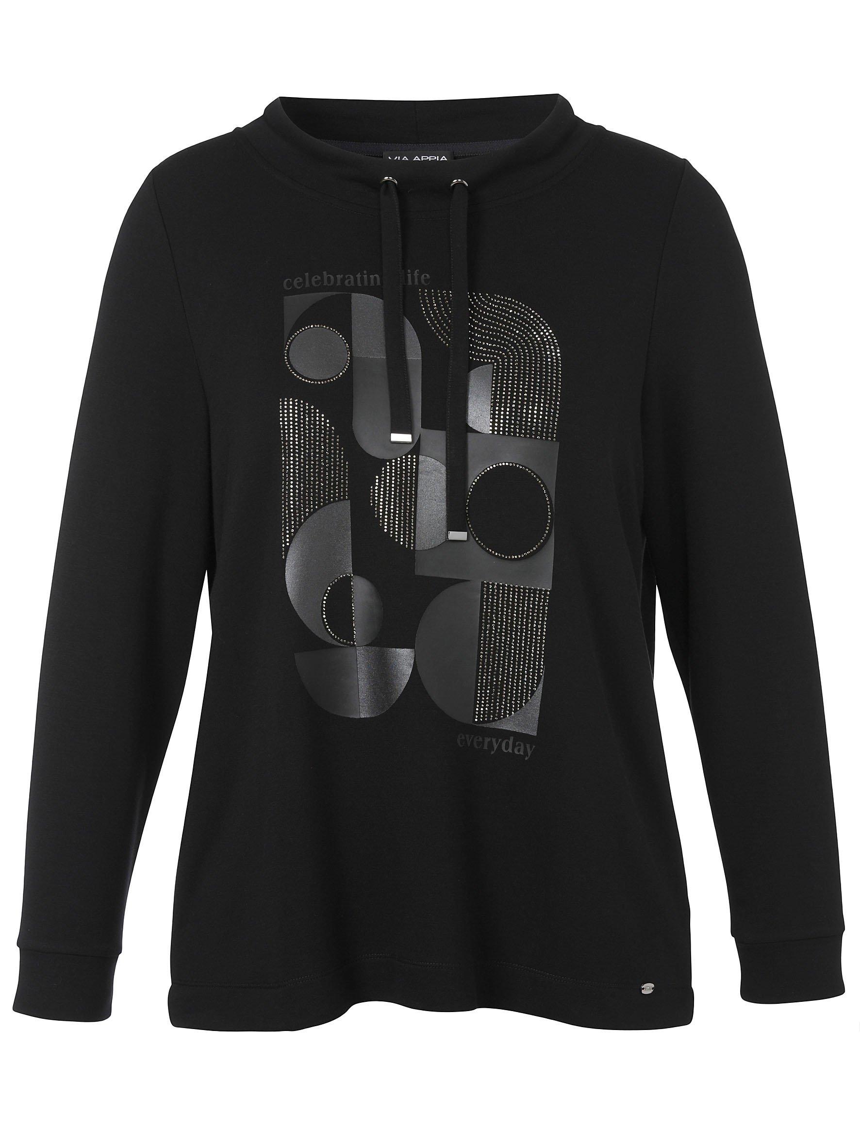 VIA APPIA DUE Sweatshirt mit Glitzer-Frontprint und Stehkragen - schwarz sheego