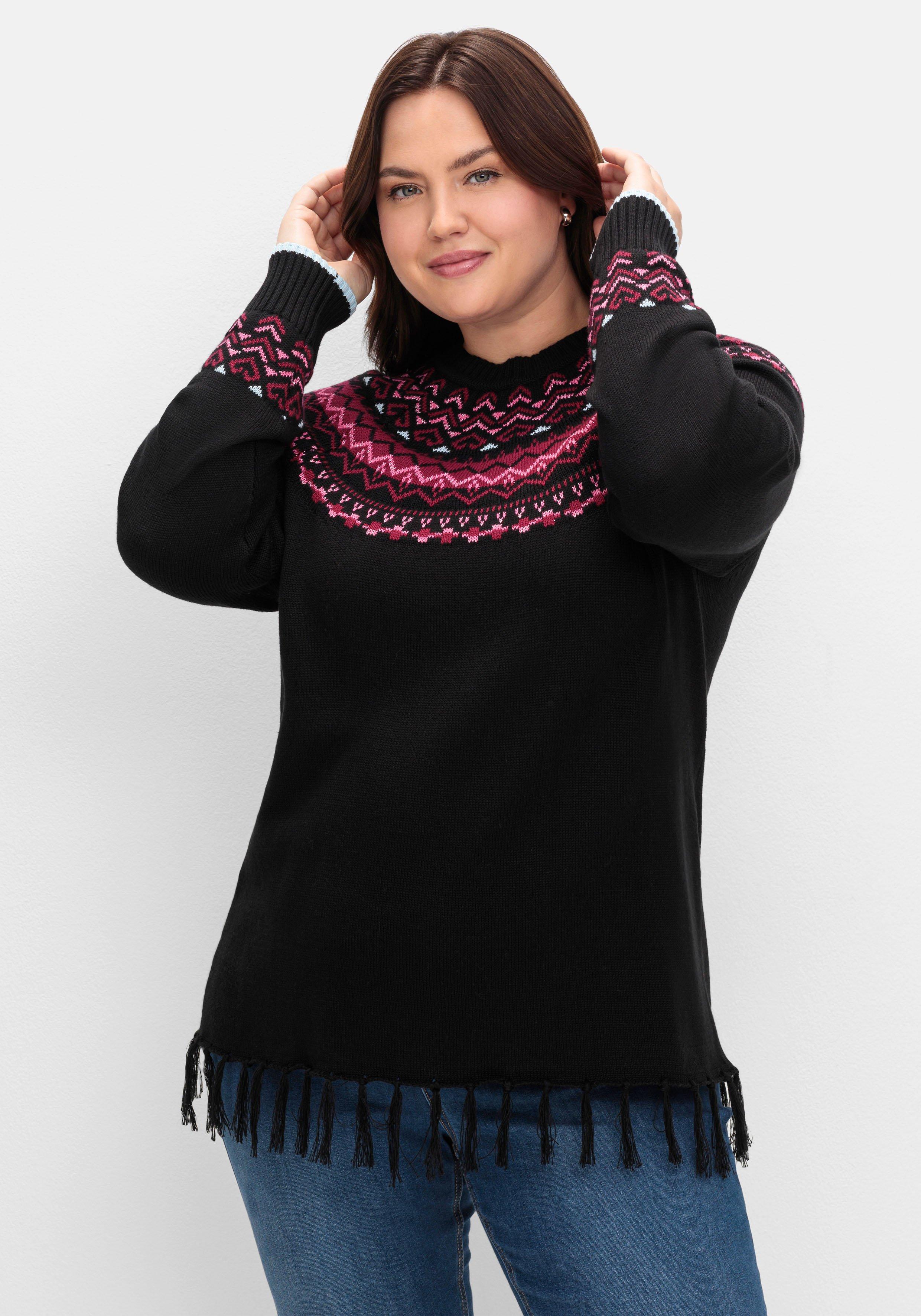 sheego Norwegerpullover mit Fransen am Saum - schwarz gemustert sheego