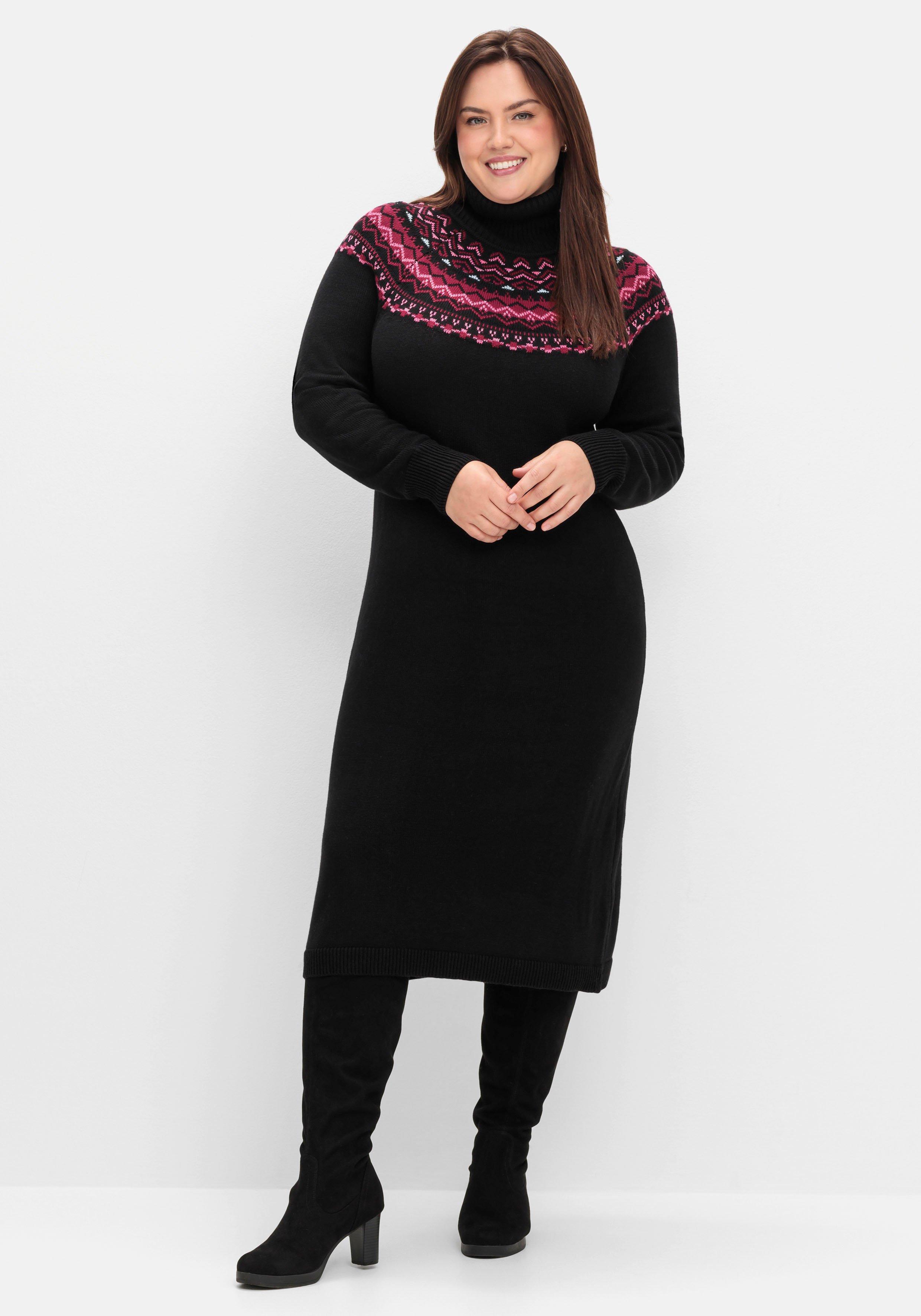 sheego Strickkleid mit Rollkragen und Norwegermuster - schwarz sheego