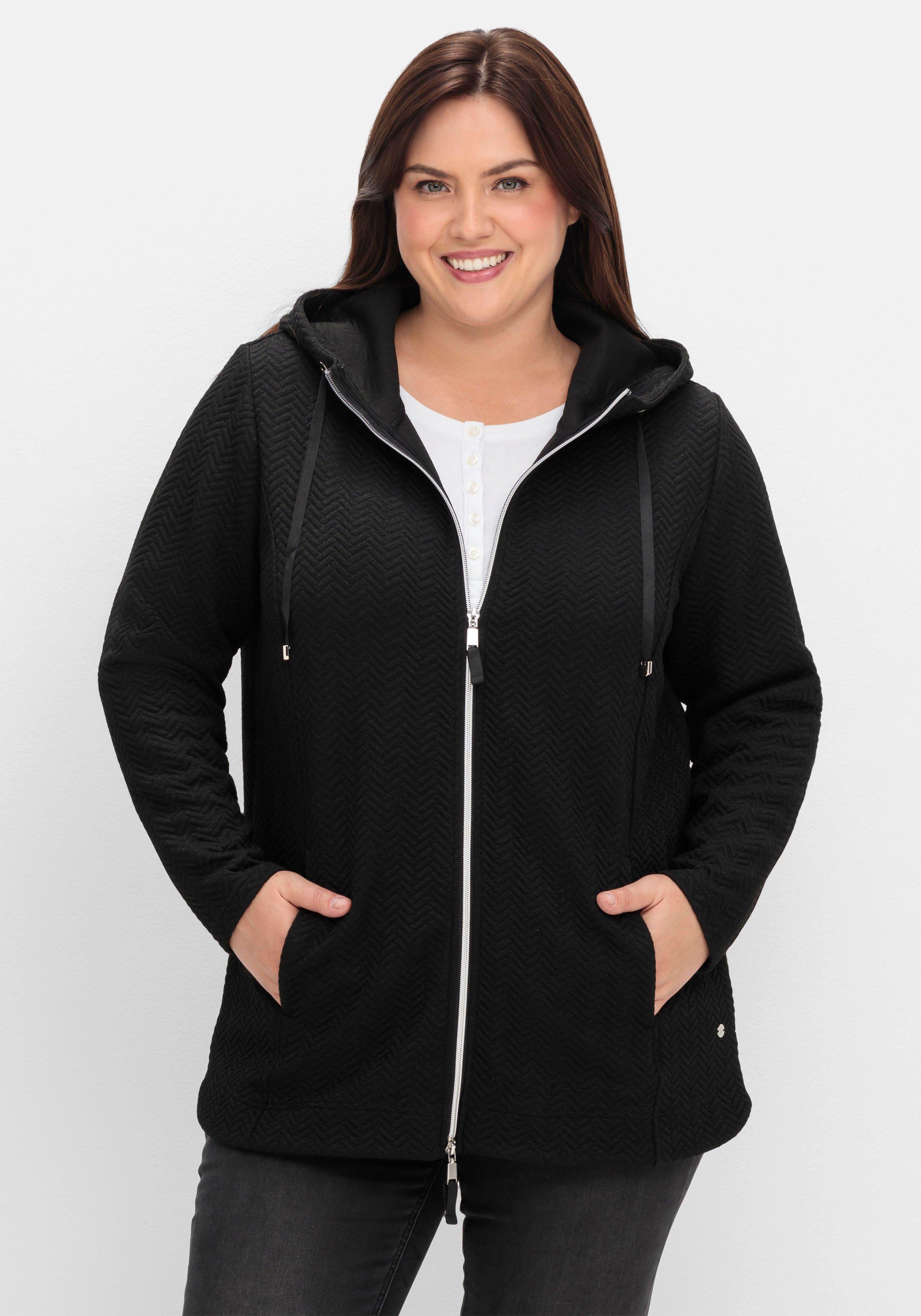 sheego Kapuzen-Sweatjacke in Fischgrät-Struktur - schwarz sheego