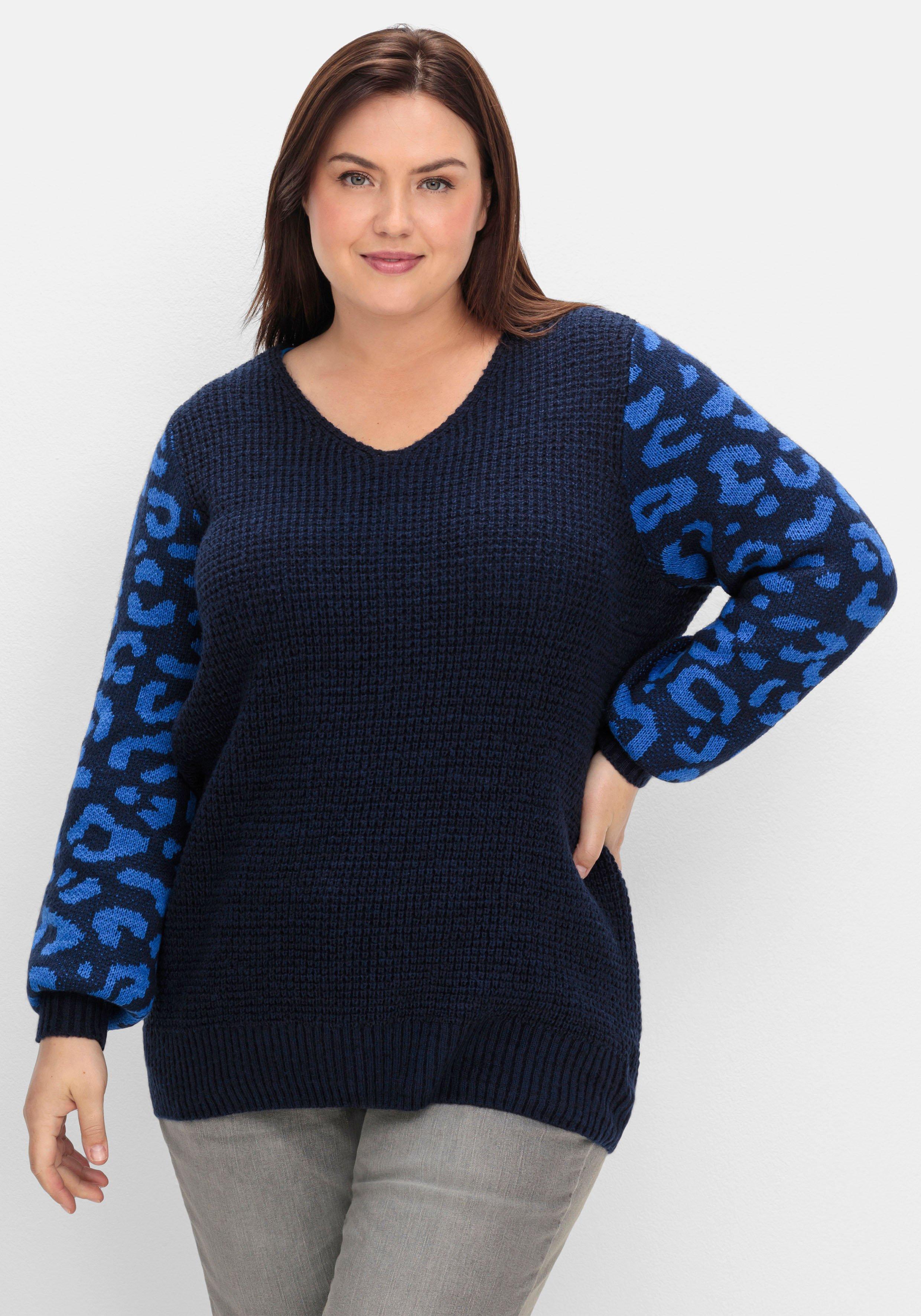 sheego by Joe Browns Pullover mit gemusterten Ballonärmeln - tiefblau gemustert sheego