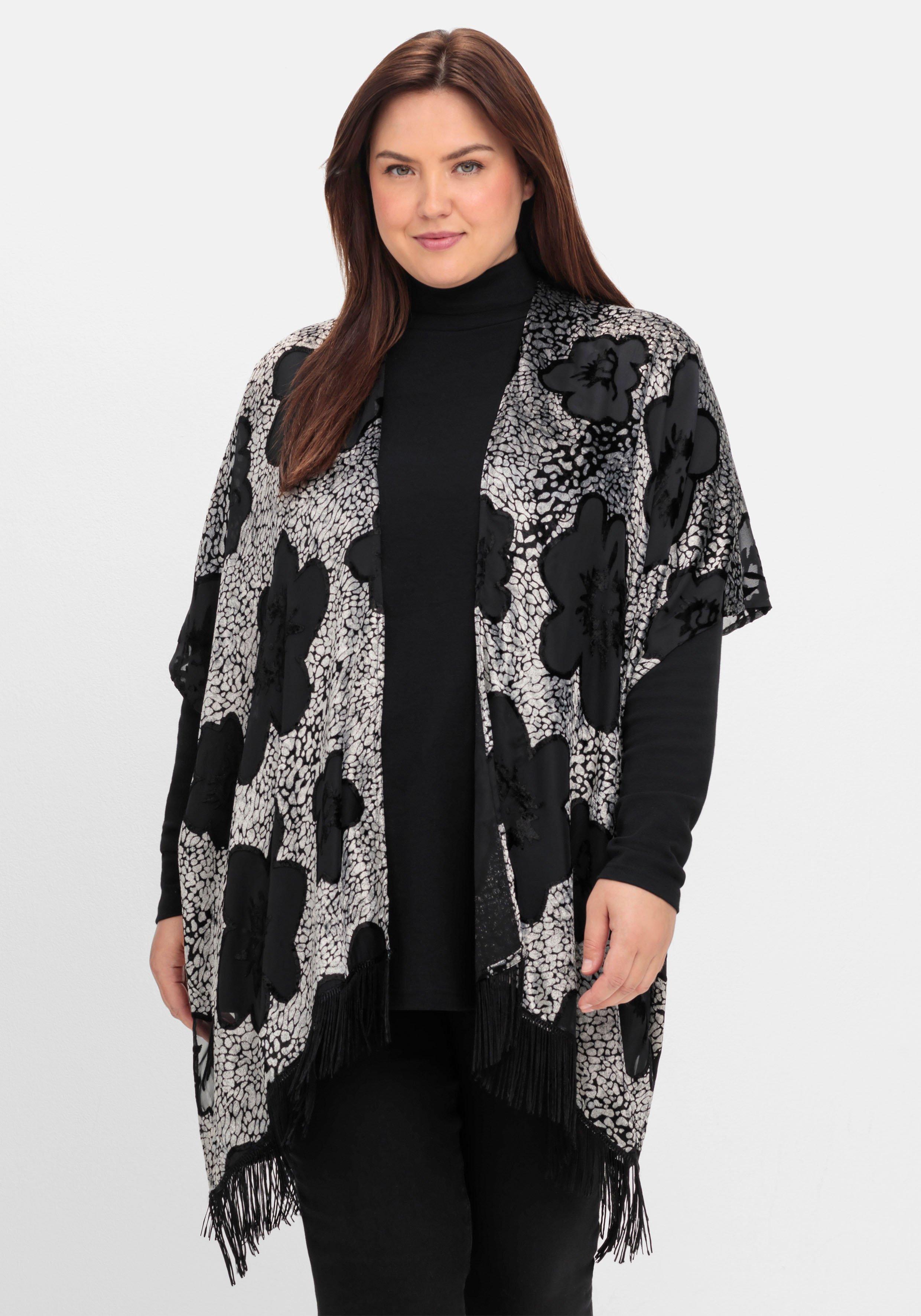 sheego by Joe Browns Cape im Kimonostil mit Samt- und Ausbrennerdetails - schwarz-silberfarben sheego