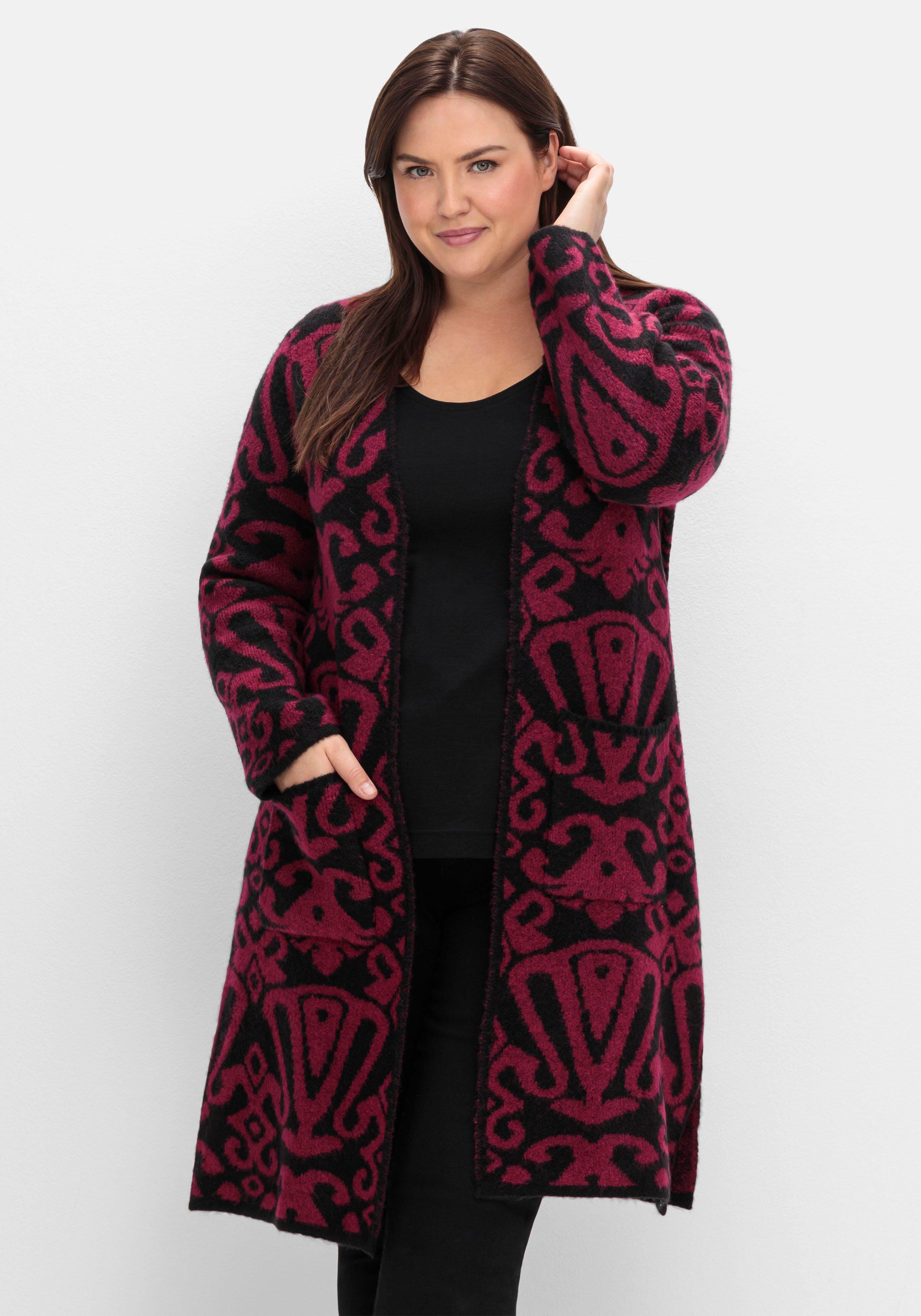 sheego by Joe Browns Offene Longstrickjacke mit Jacquardmuster - schwarz gemustert sheego