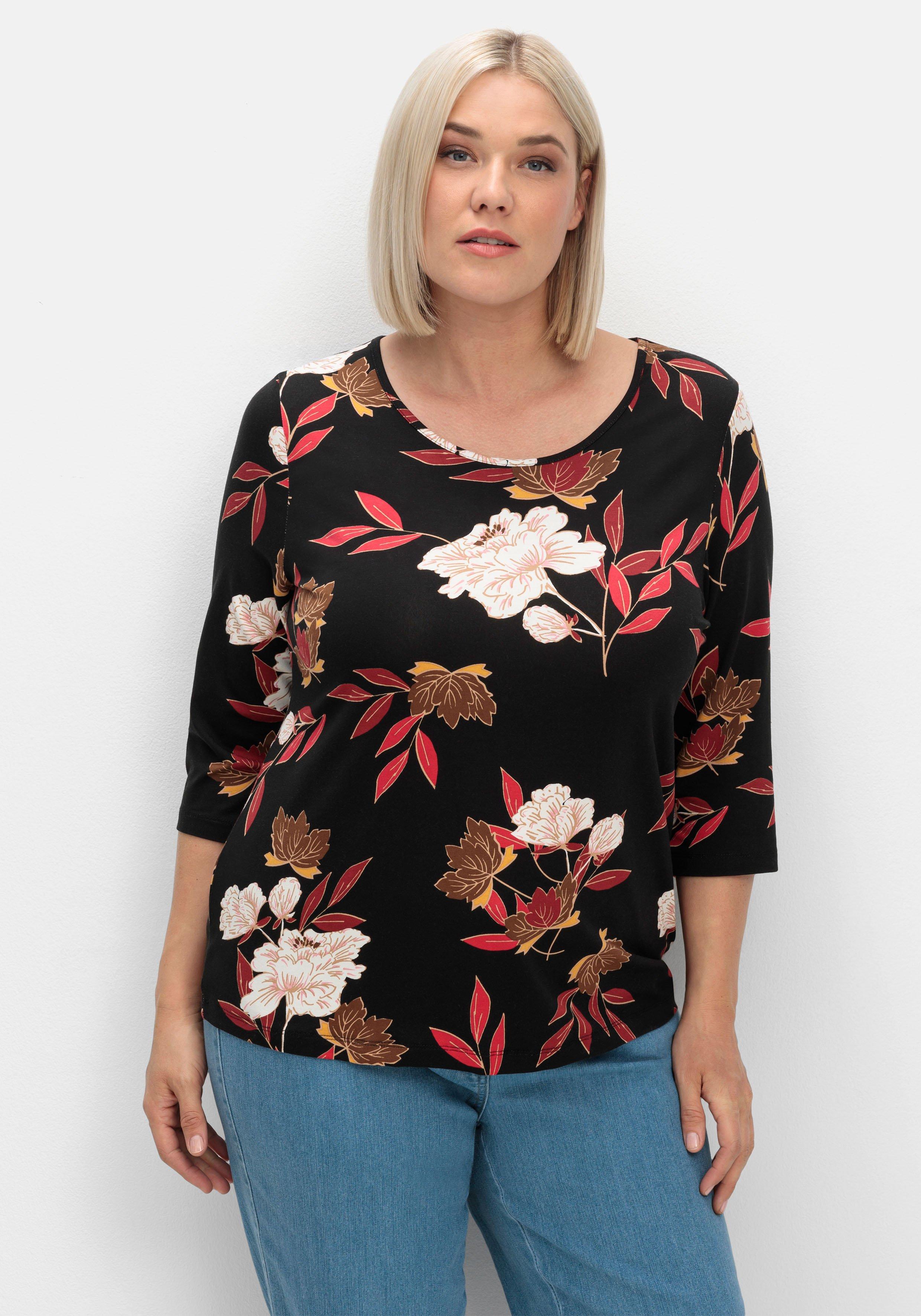 sheego 3/4-Arm-Shirt mit Blumenprint, aus Viskosejersey - rot gemustert sheego