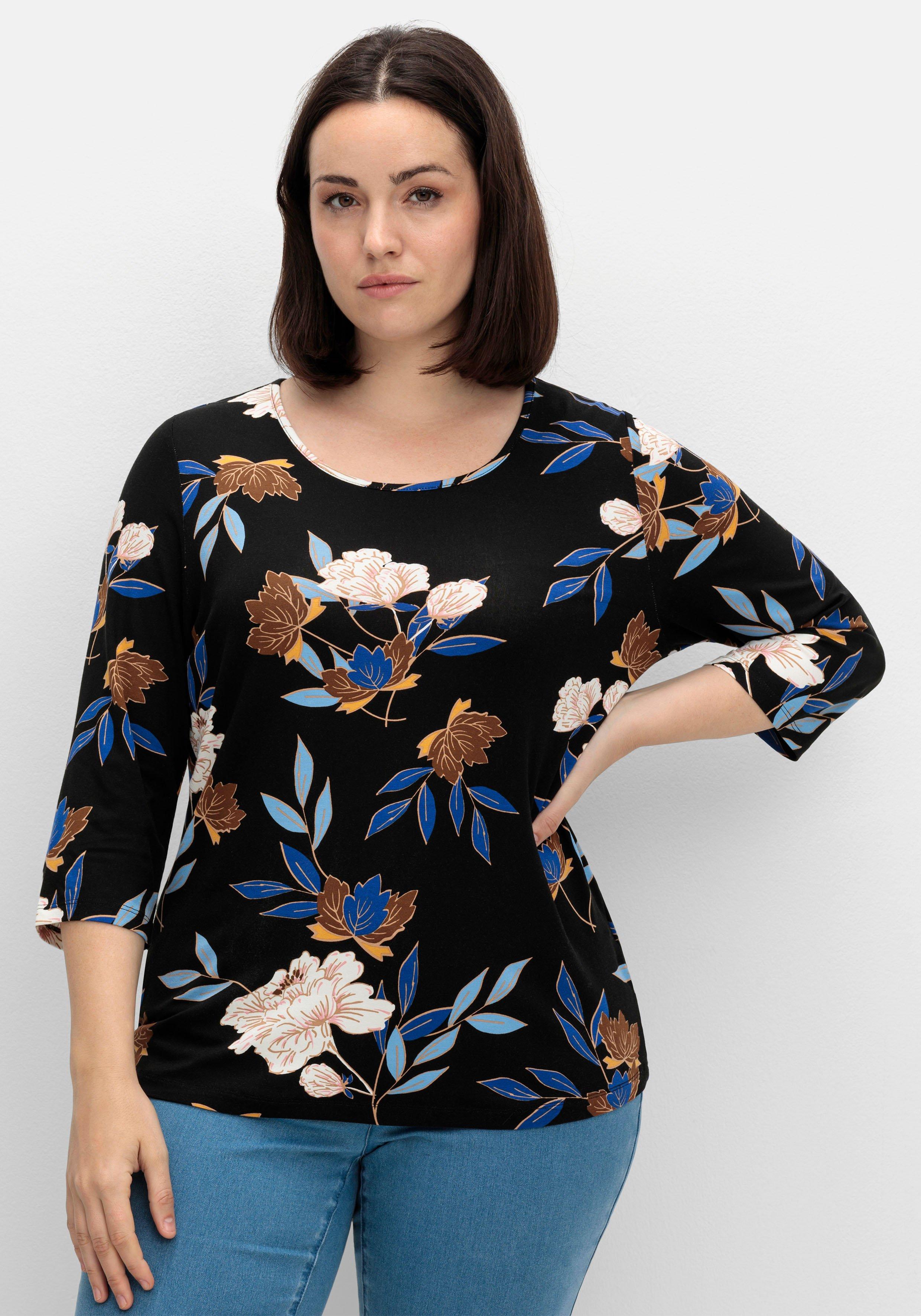 sheego 3/4-Arm-Shirt mit Blumenprint, aus Viskosejersey - blau gemustert sheego