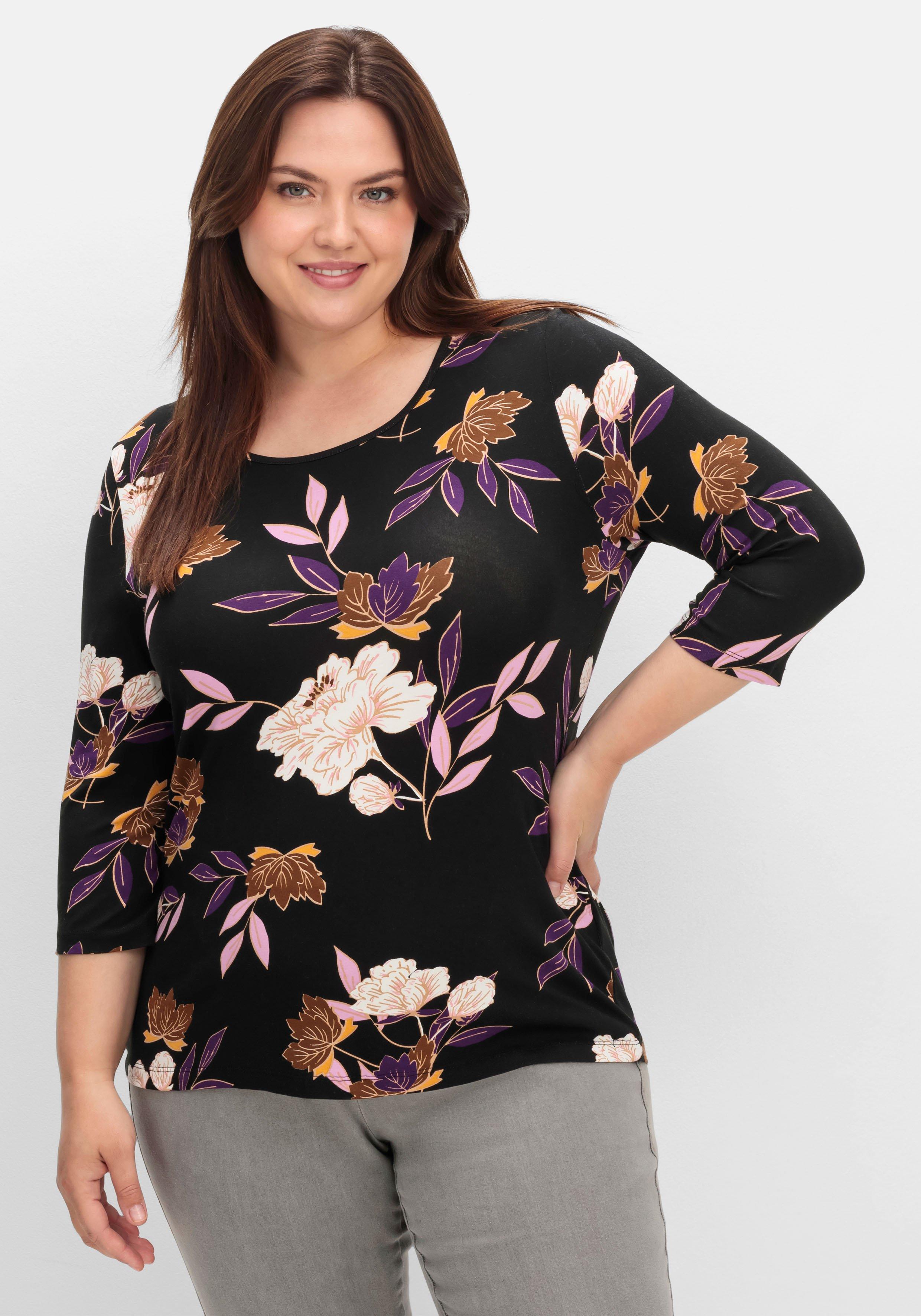 sheego 3/4-Arm-Shirt mit Blumenprint, aus Viskosejersey - dunkellila gemustert sheego