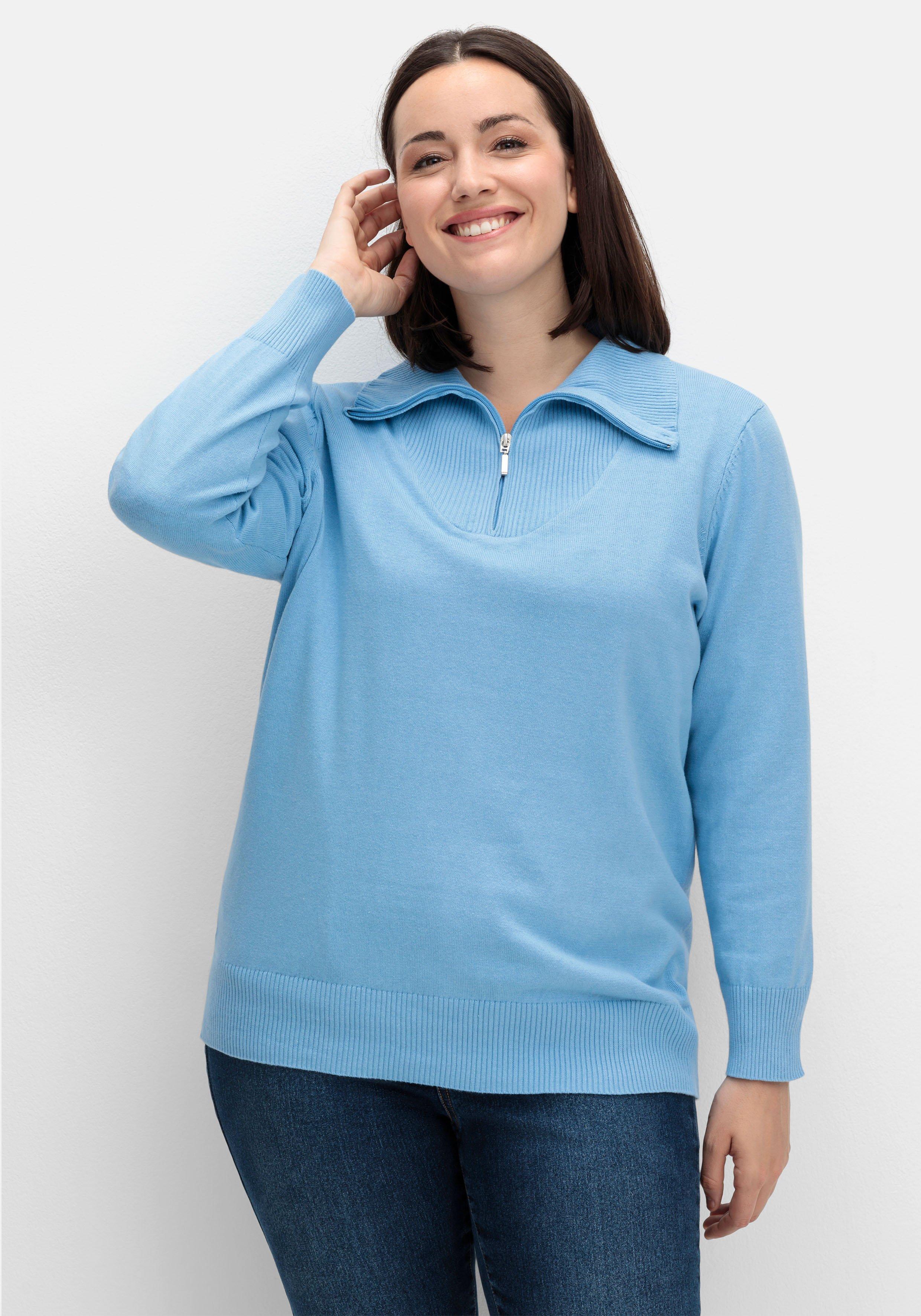 sheego Pullover mit Troyerkragen und Reißverschluss - himmelblau sheego