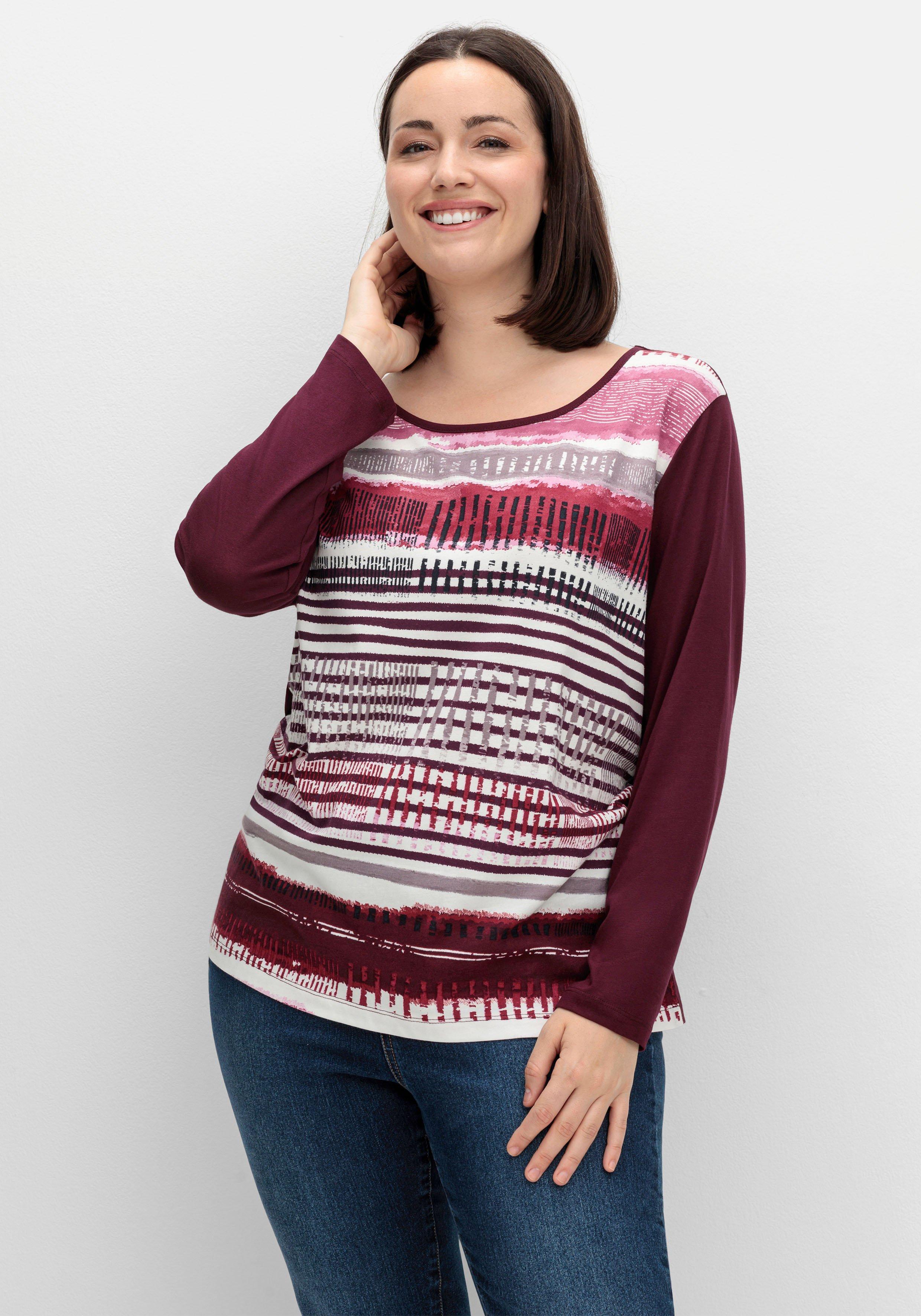 sheego Langarmshirt mit bedrucktem Vorderteil - aubergine gestreift sheego