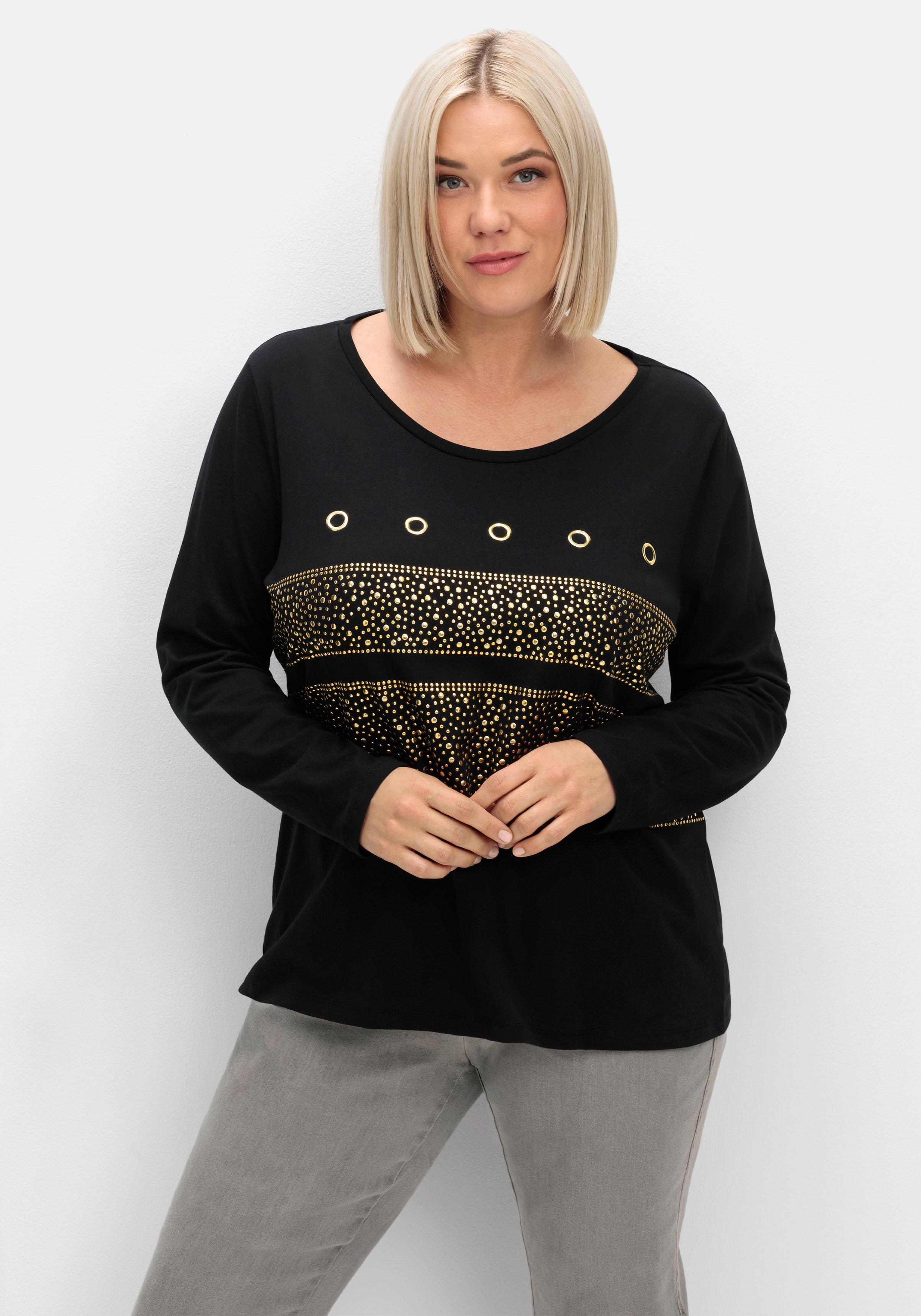 sheego Langarmshirt mit Ösen- und Nietenverzierung - schwarz sheego