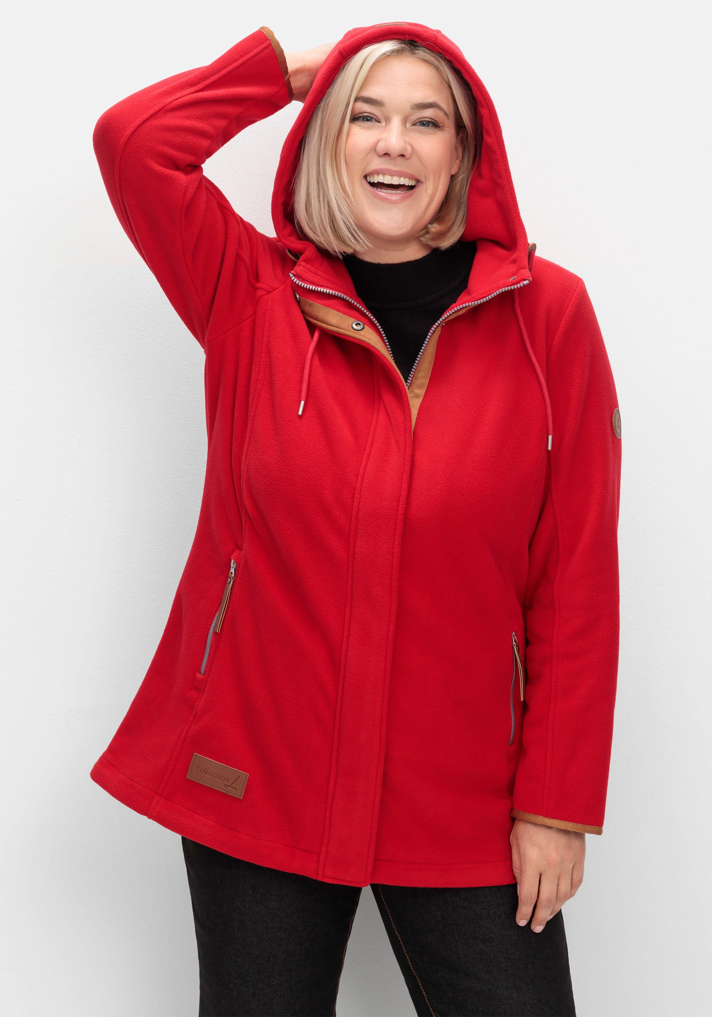 sheego Fleecejacke mit Kapuze und Kontrastdetails - rot sheego