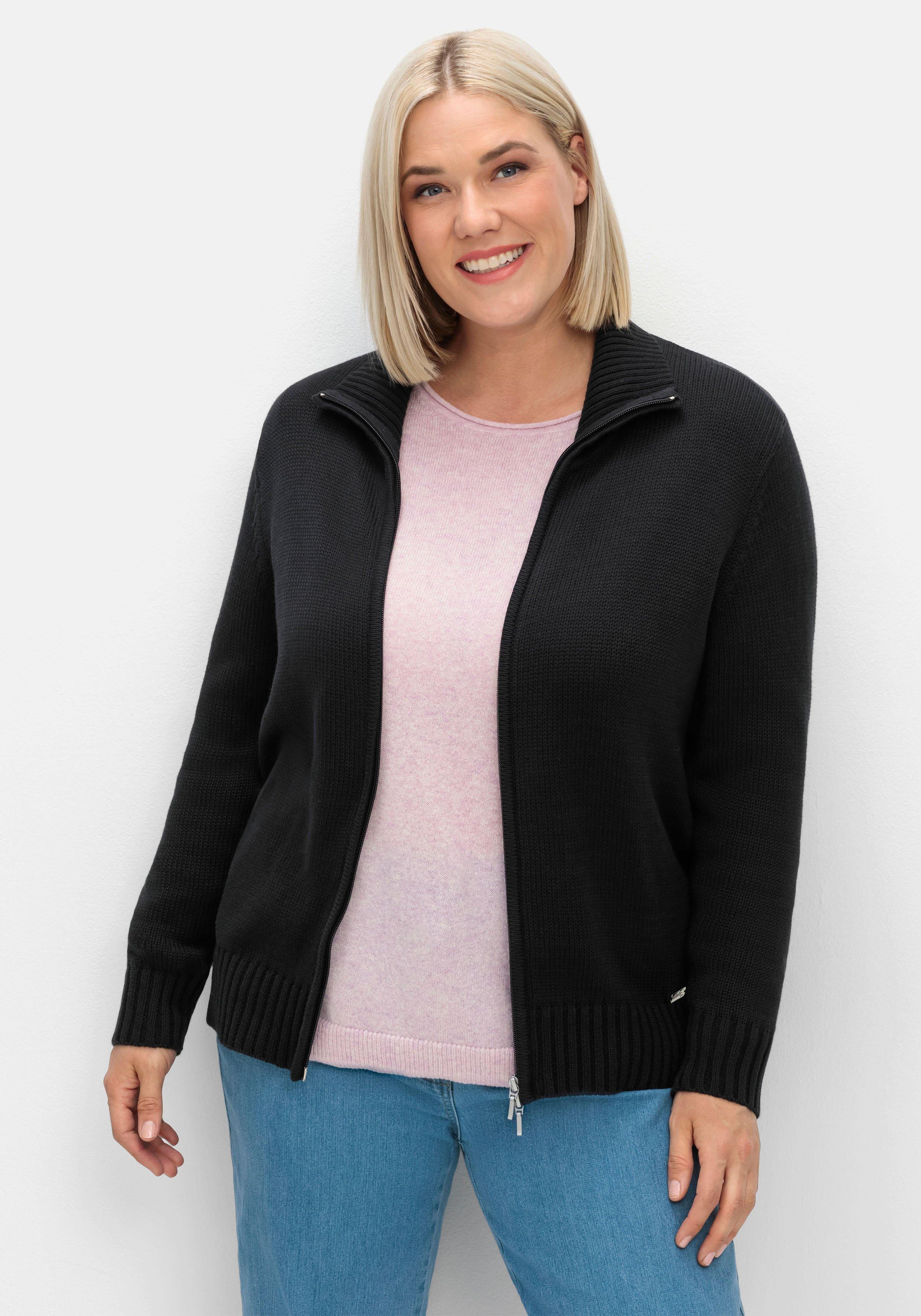 sheego Strickjacke mit Troyerkragen und 2-Wege-Zipper - schwarz sheego