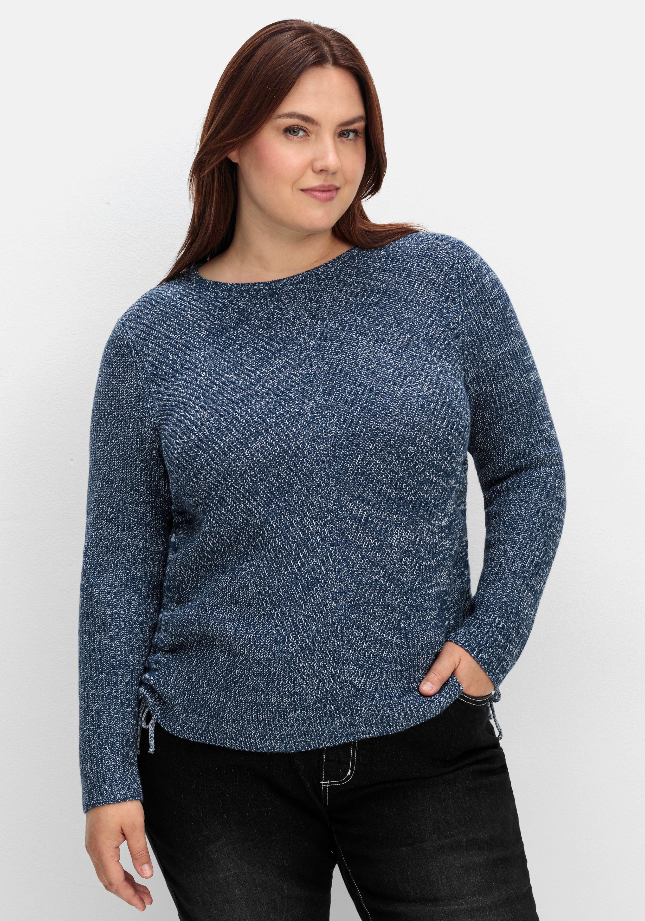 sheego Strickpullover mit Rippmuster und Raffung seitlich - dunkelblau sheego