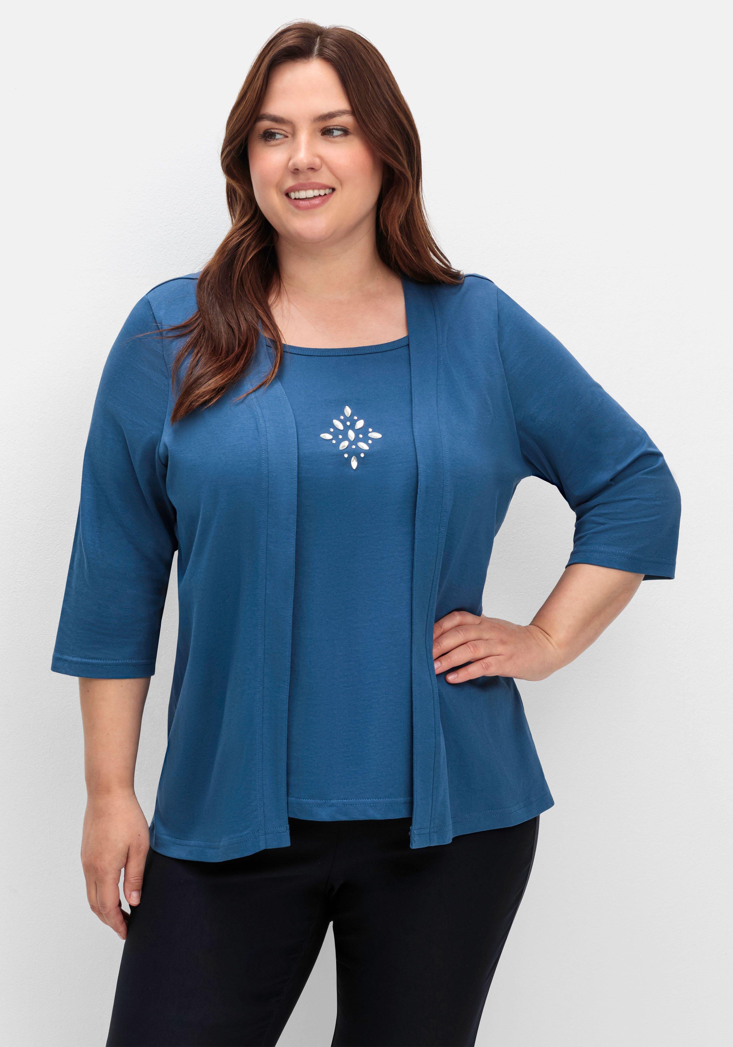 sheego Shirt in 2-in-Optik, mit 3/4-Ärmeln und Glitzerdetail - jeansblau sheego