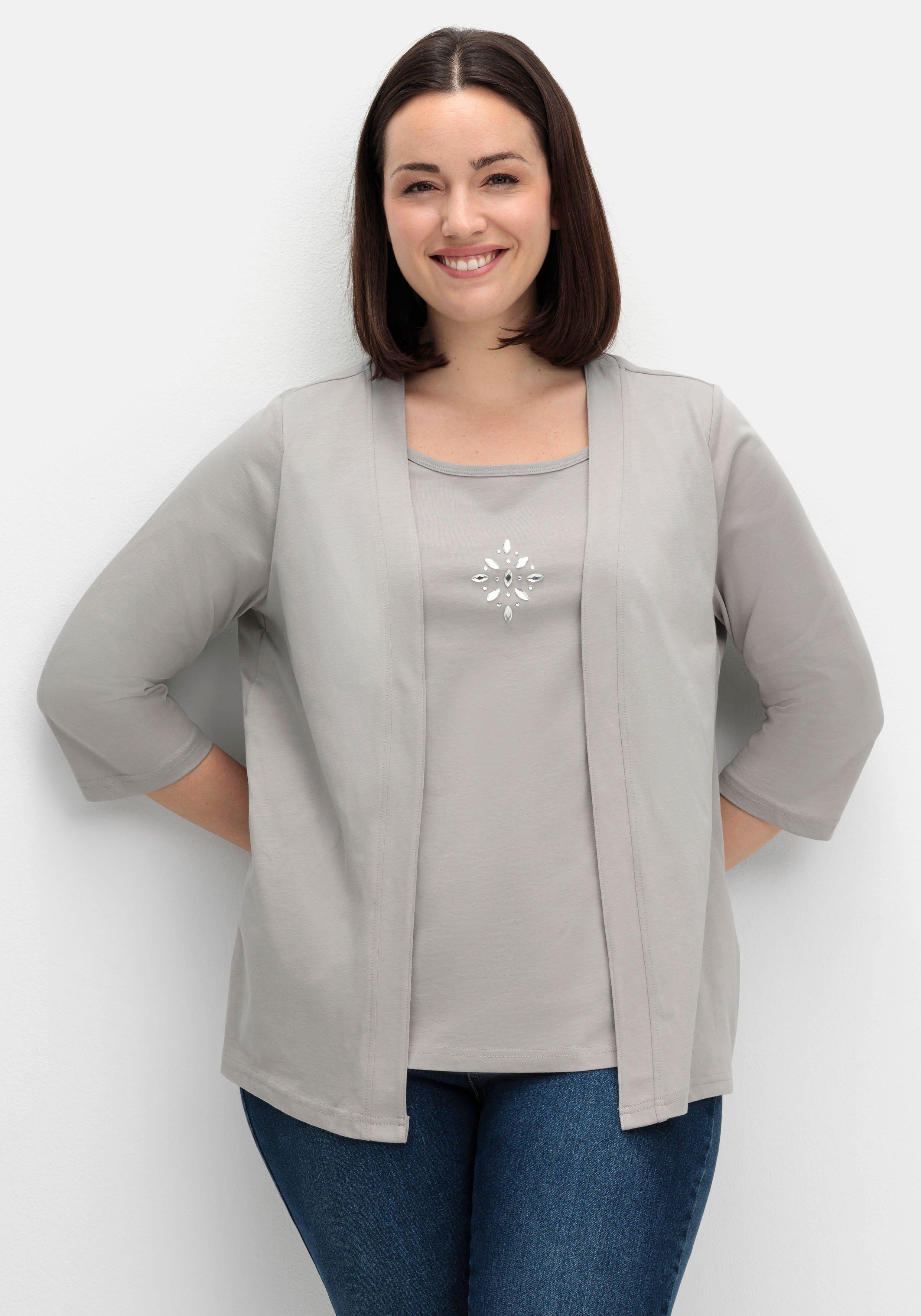 sheego Shirt in 2-in-Optik, mit 3/4-Ärmeln und Glitzerdetail - steingrau sheego