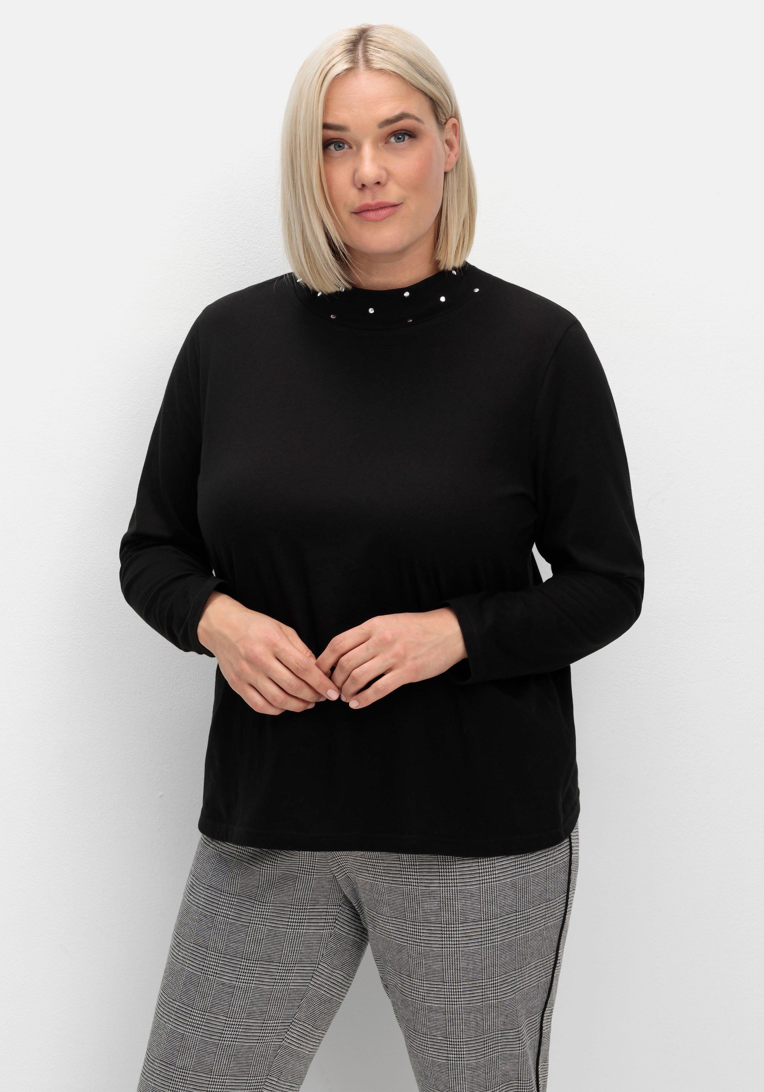 sheego Langarmshirt mit Stehkragen und Glitzerdetails - schwarz sheego