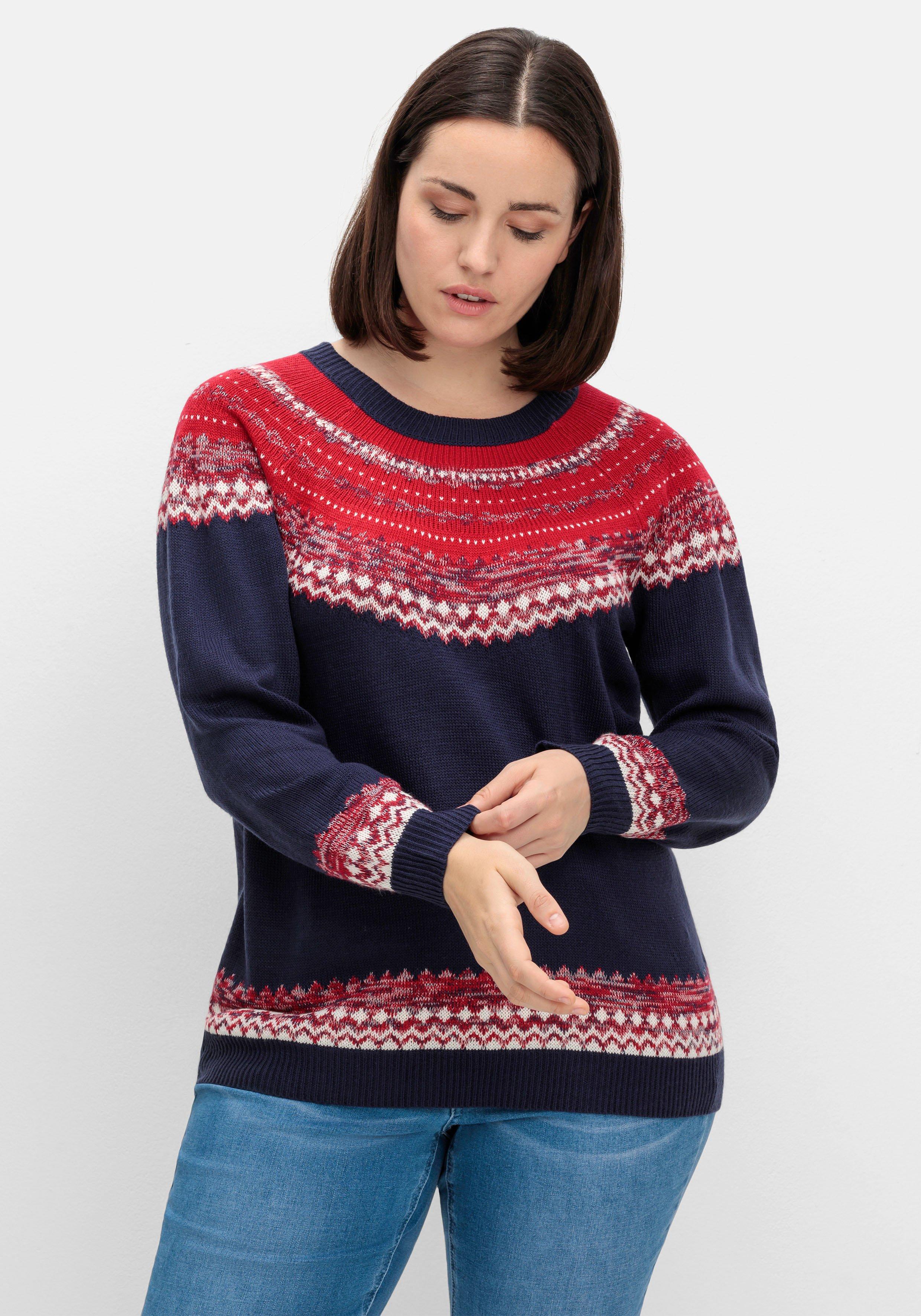 sheego Norwegerpullover im Jacquardstrick, mit Raglanärmeln - nachtblau gemustert sheego