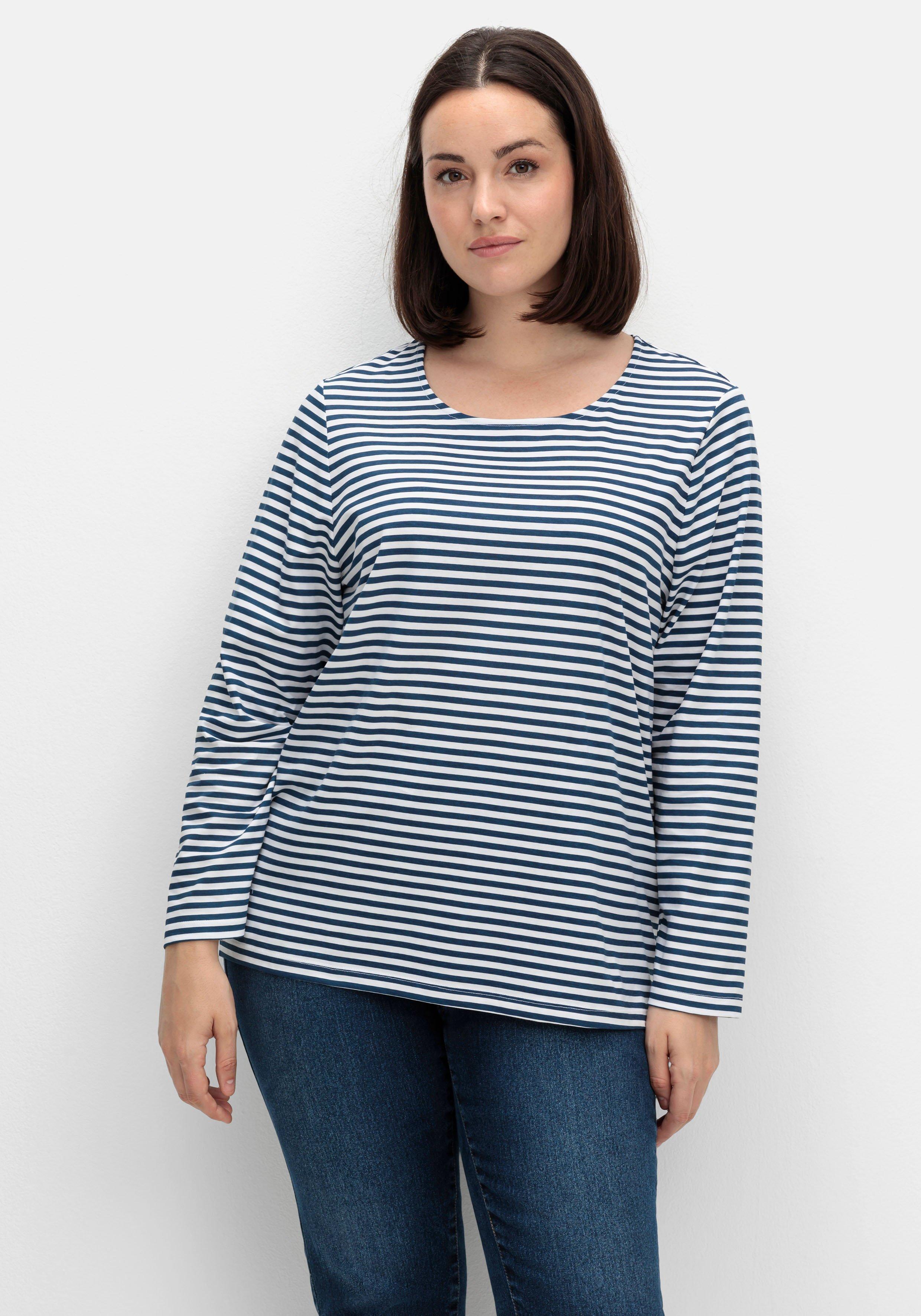 sheego Gestreiftes Langarmshirt mit Rundhalsausschnitt - marine gestreift sheego